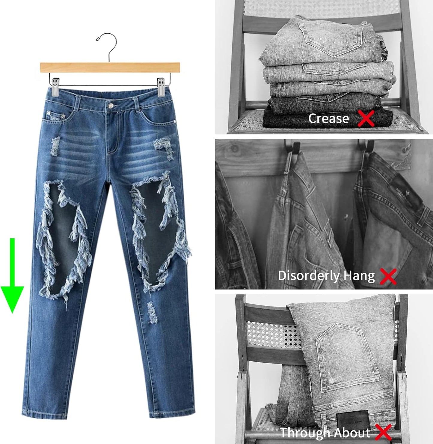 Nature Smile Solid Lotus Wood Deluxe Wooden Pants Hangers Bottom Hanger Jeans Hanger Skirt Hanger with 2-Adjustable Clips Anti-Rust Hook Pack of 10 (Natural)