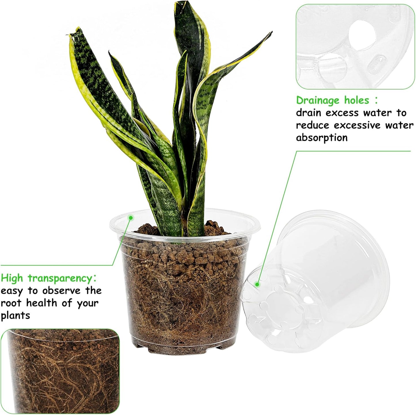 30 Pack 3.5/4/5/6/7 Inch Clear Nursery Pots with Drainage Holes, Trans