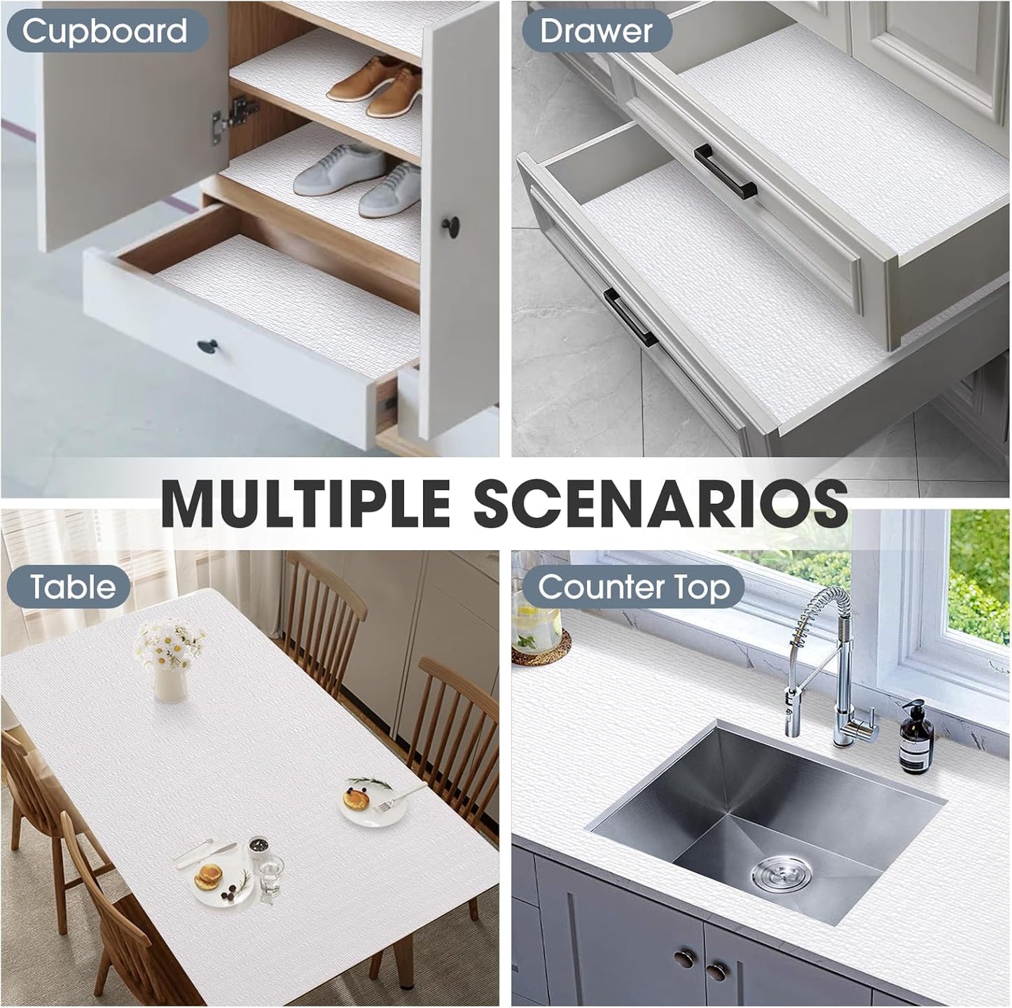 Drawer and Shelf Liner, Non-Slip Kitchen Cabinet Liners Non-Adhesive Thick Strong Grip Waterproof Washable Mats Protect Dresser Shelves Cupboard Bathroom Cabinets, White, 12 in X 10 FT