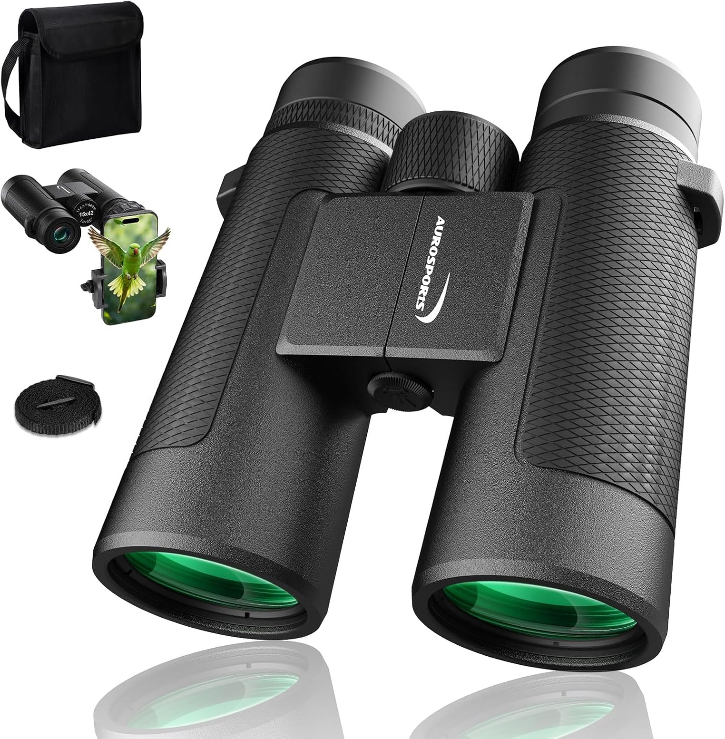 15x42 Binoculars for Adults High Powered - Aurosports HD Lightweight Bird Watching Binocular with Phone Adapter, BAK4 Prism & Carrying Bag