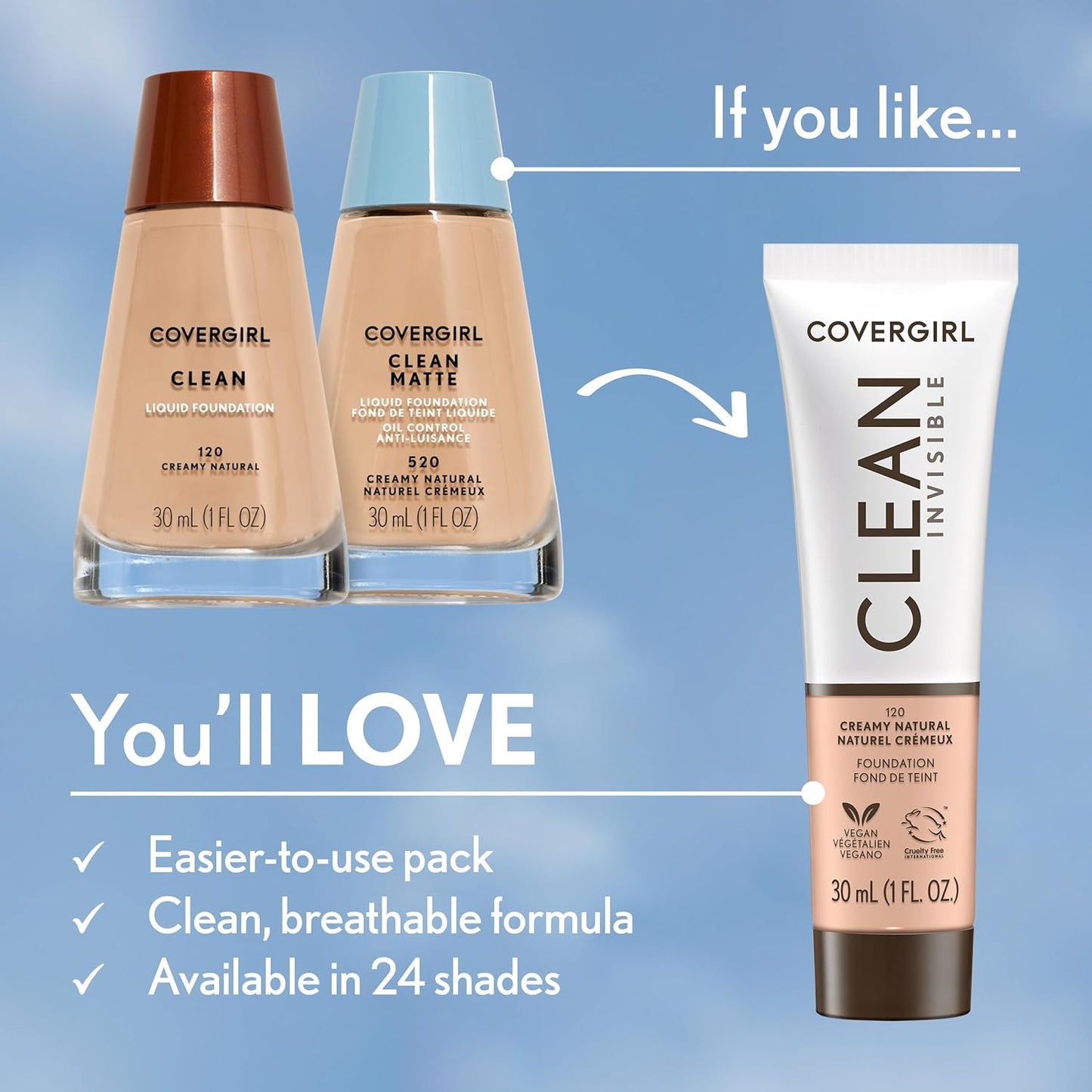 COVERGIRL Clean Invisible Foundation Makeup, Dewy & Glowy Finish, Buil