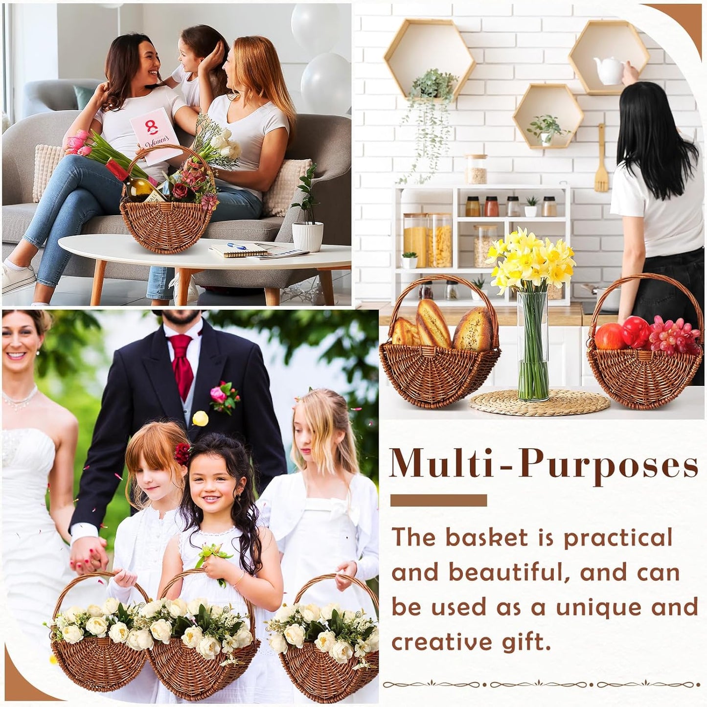 2 Pcs Flower Girl Baskets Half Moon Wicker Rattan Basket with Handle Willow Wedding Baskets for Valentine's Day Wedding Picnic Home Decorations Garden Storage (Dark Color)