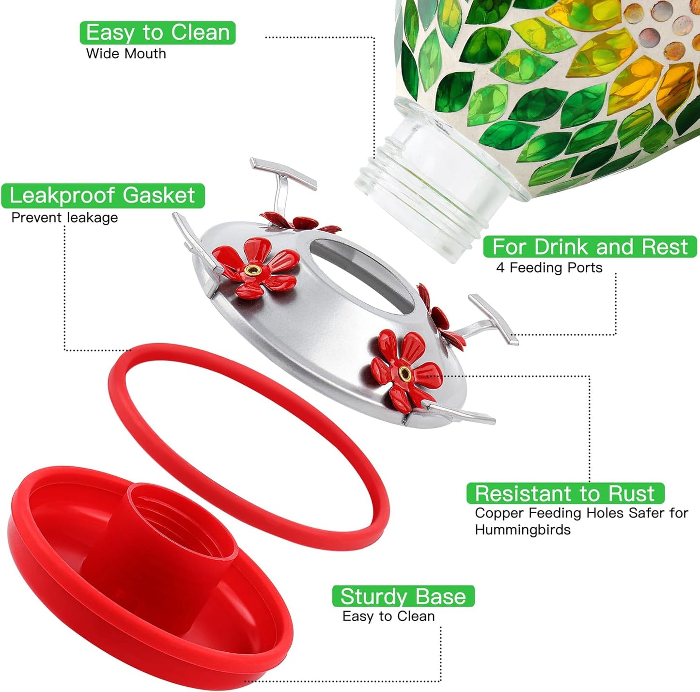 VOREEN Glass Mosaic Hummingbird Feeders, 34OZ with Ant Moat & 4 Feeding Ports, Hand Blown Glass Outdoor Hanging Bird Feeder, Porch Garden Backyard Decor, Gift for Mom Wife Friend, Sunflower Design