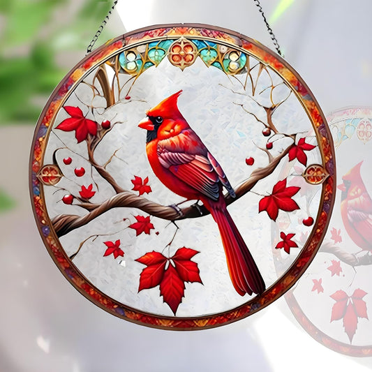 Cardinal Stained Glass Window Suncatcher Red Bird Hanging Ornament Reinforced Glass Wall Hand-Painted Decor Christmas Home Birthday Sun Catcher Gift for Grandma Birds Lover