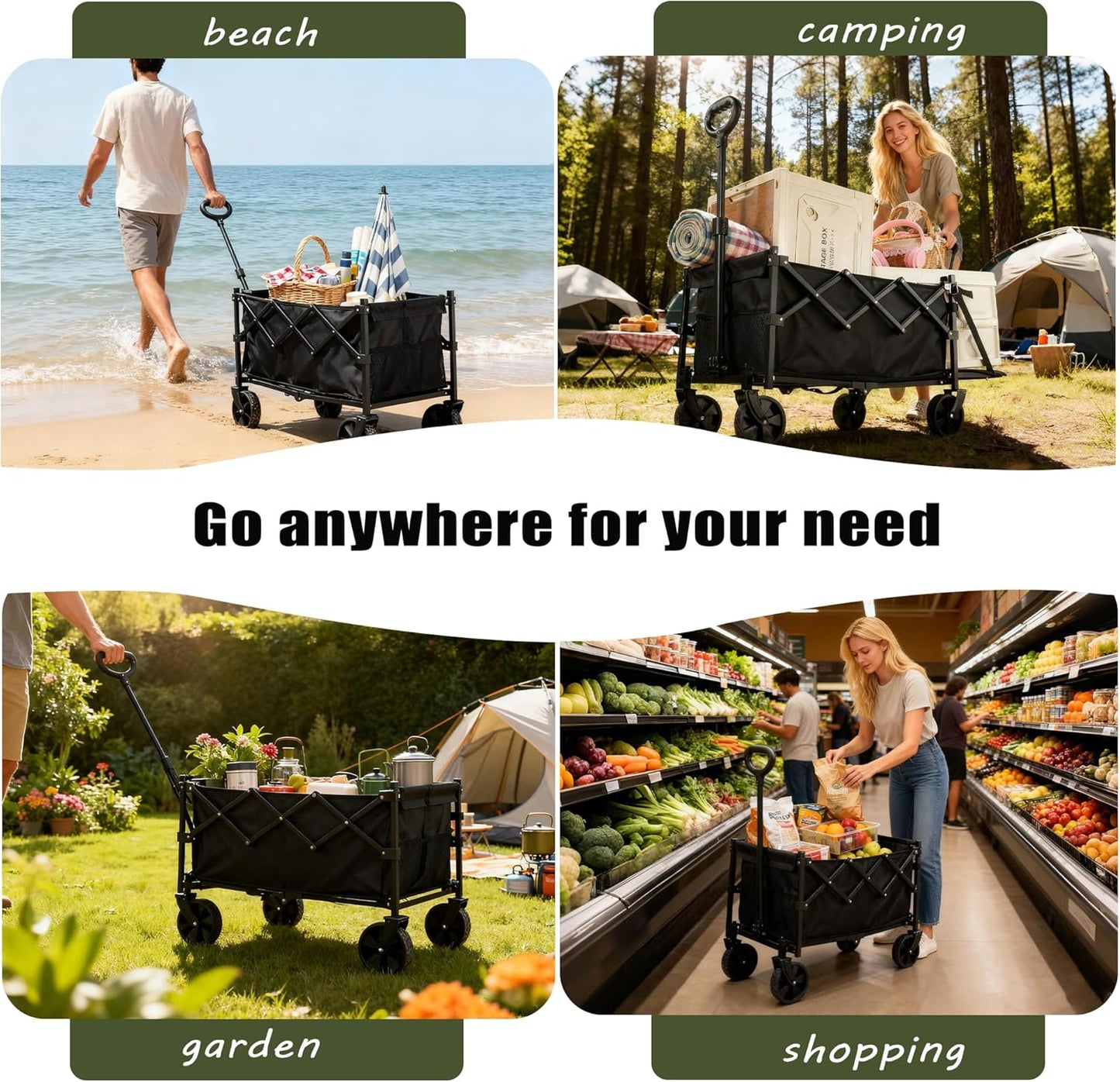 XMT 100L Folding Wagon Cart Push & Pull Beach, 350 lbs Weight Capacity Heavy Duty Folding Beach Wagons with Big All-Terrain Wheels & Drink Holders for Groceries, Shopping, Camping, Sports - Black