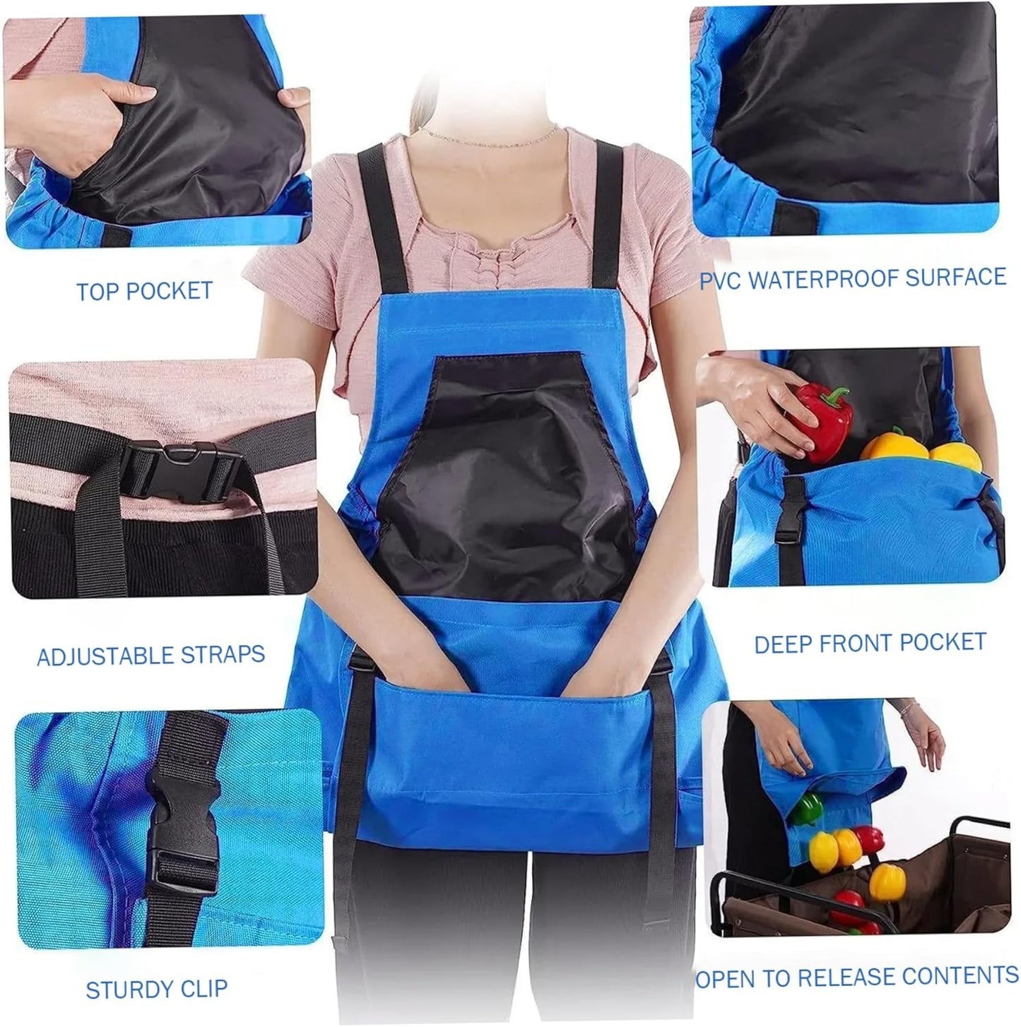 Garden Apron, Large Capacity Quick Release Apron with Pockets Waterproof Adjustable Gardening Tool for Women & Men, Blue, Decoración al aire libre