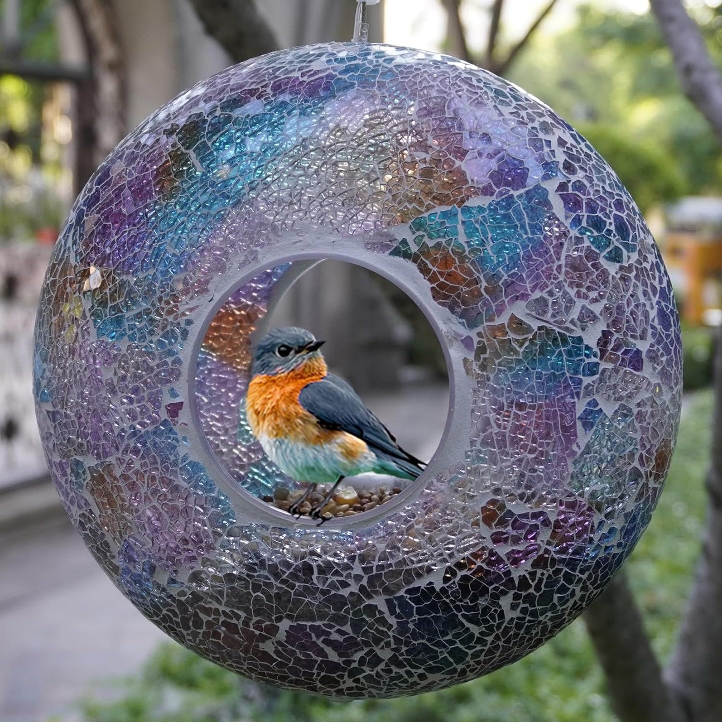 Solar Fly Through Bird Feeder with Mosaic Glass – Handmade Outdoor Hanging Feeder, 1lb Capacity, Solar Lights, Weatherproof & Bird Lover Gift (9.25” Doughnut, Tesserae)