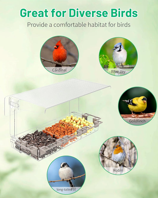 Clear Window Bird Feeder Outdoors - Bird Feeder for Viewing with 5 Perching Stands, Wavy roof, Self-Adhesive Hooks, Drain Holes and Removable Tray, as a Birdhouse, Garden Decor