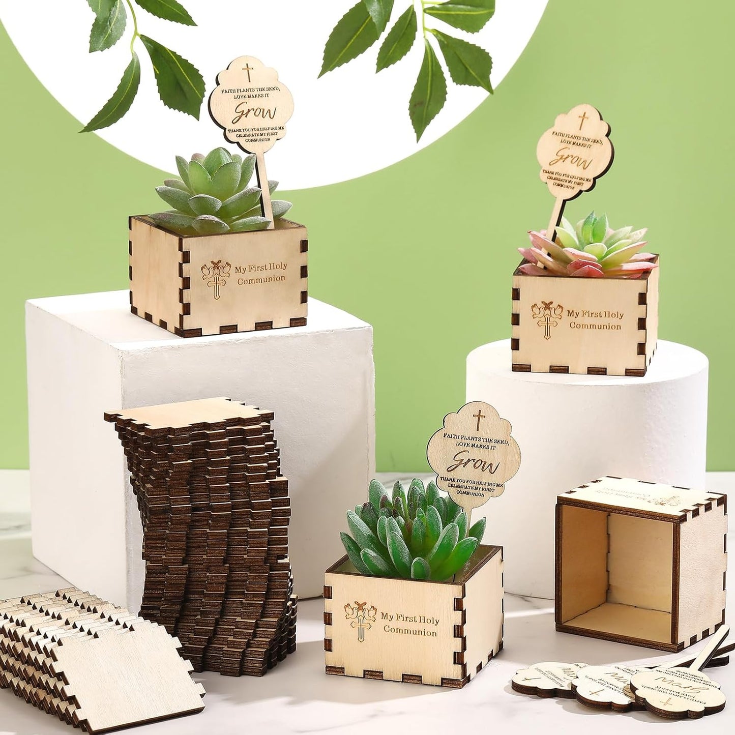 40 Sets First Holy Communion Mini Succulent Pots Plant Labels Wood Planter Pot Small Unfinished Planter First Communion Favors Decorations Holy Communion Gifts Baptism Gifts Let Faith Grow