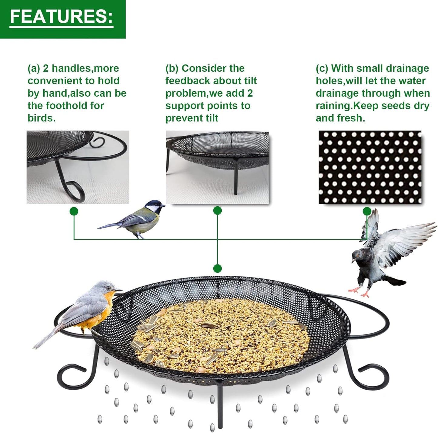 Upgraded Ground Platform Bird Feeder Tray,11.8” Stainless Steel Large 