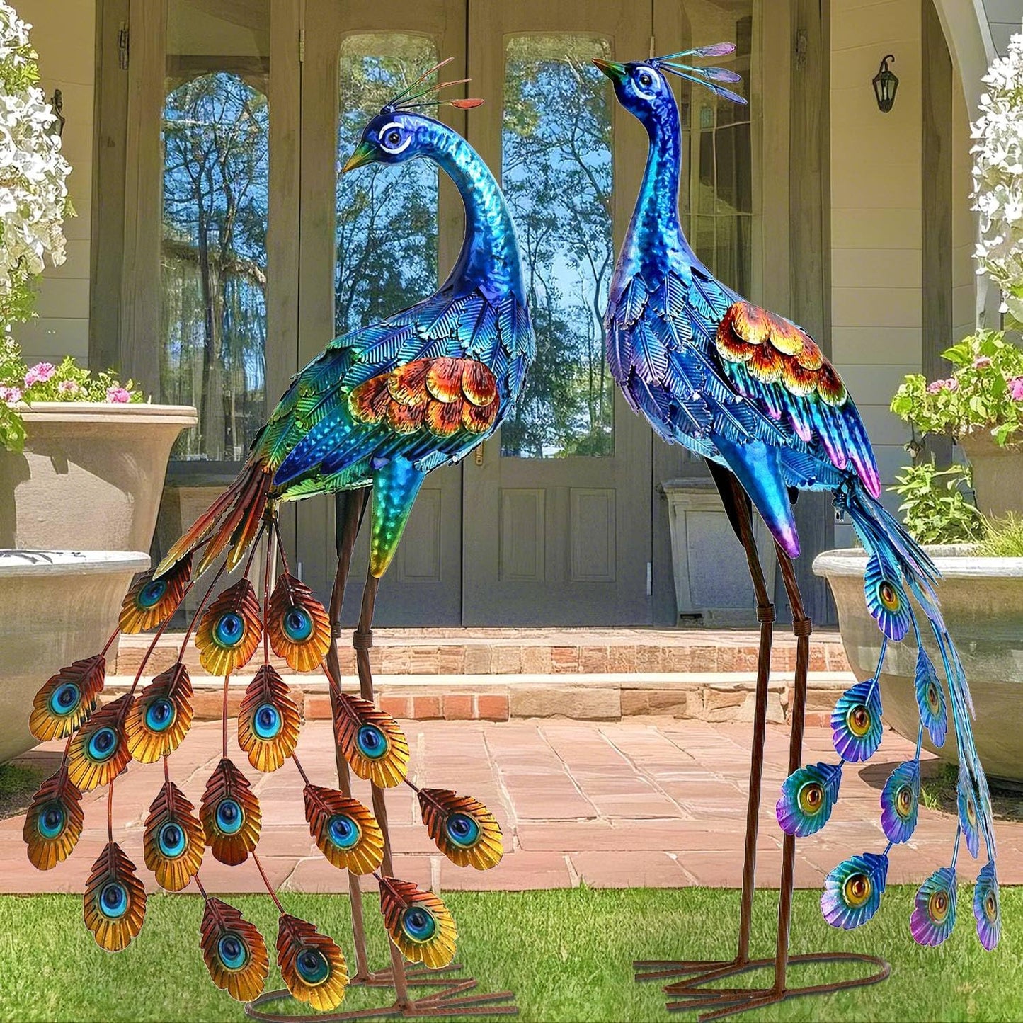 Kircust Peacock Garden Statue and Sculpture, Metal Peacocks Yard Art Lawn Decor, Large Birds Garden Sculptures & Statues for Patio Backyard Pond Home Decoration