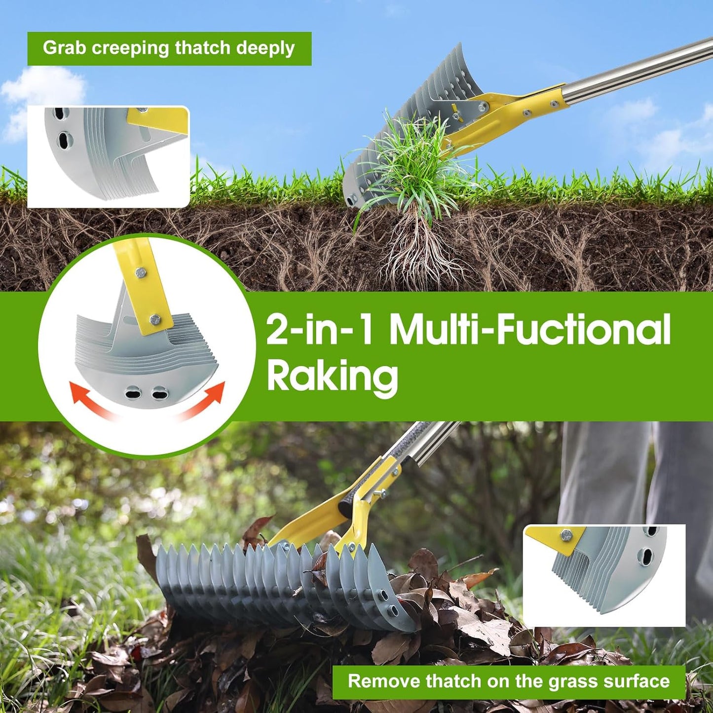 2-in-1 Thatch Rake for Lawn 55" Long Stainless Steel Thatching Rake wi