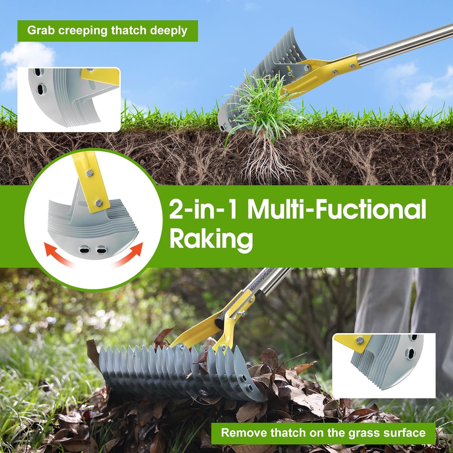 2-in-1 Thatch Rake for Lawn 55" Long Stainless Steel Thatching Rake wi