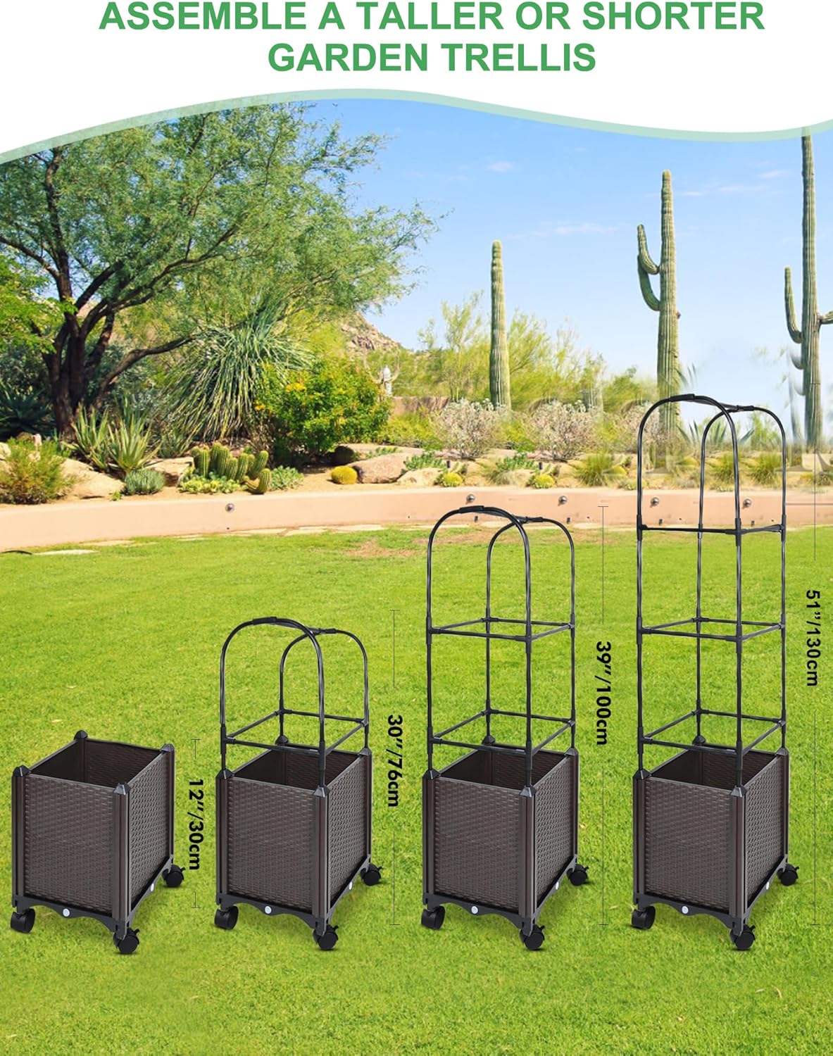 Raised Garden Bed Planter Box with Trellis, 51” Self-Watering Tomato Planter Boxes with Wheels for Climbing Plants, Tomato Cage for Patio Greenhouse Gardening Indoor Outdoor， 2 Pack