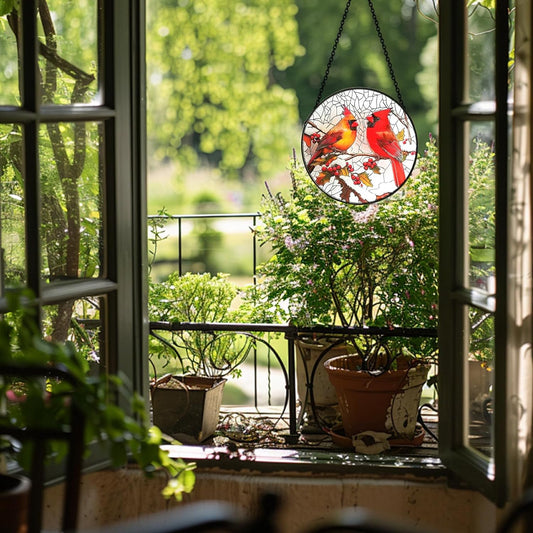 6 Inch Stain Glass Window Hanging, Window Suncatcher with Metal Chain, Cardinal Suncatcher Stained Glass for Bird Lovers Women, Garden, Home, Housewarming Gifts