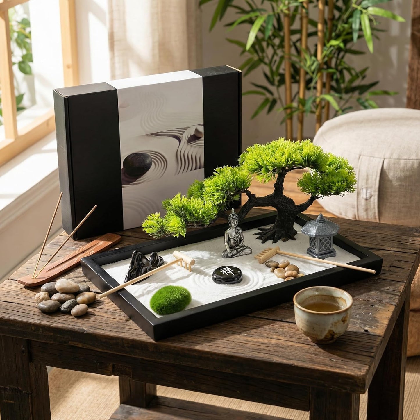 Zen Garden for Desk,Mini Oriental Antique Stone Sculpture Sand Tray, Desktop Zen Garden Kit for Adults, Meditation & Zen Decor, Unique Stress Relief Gift.