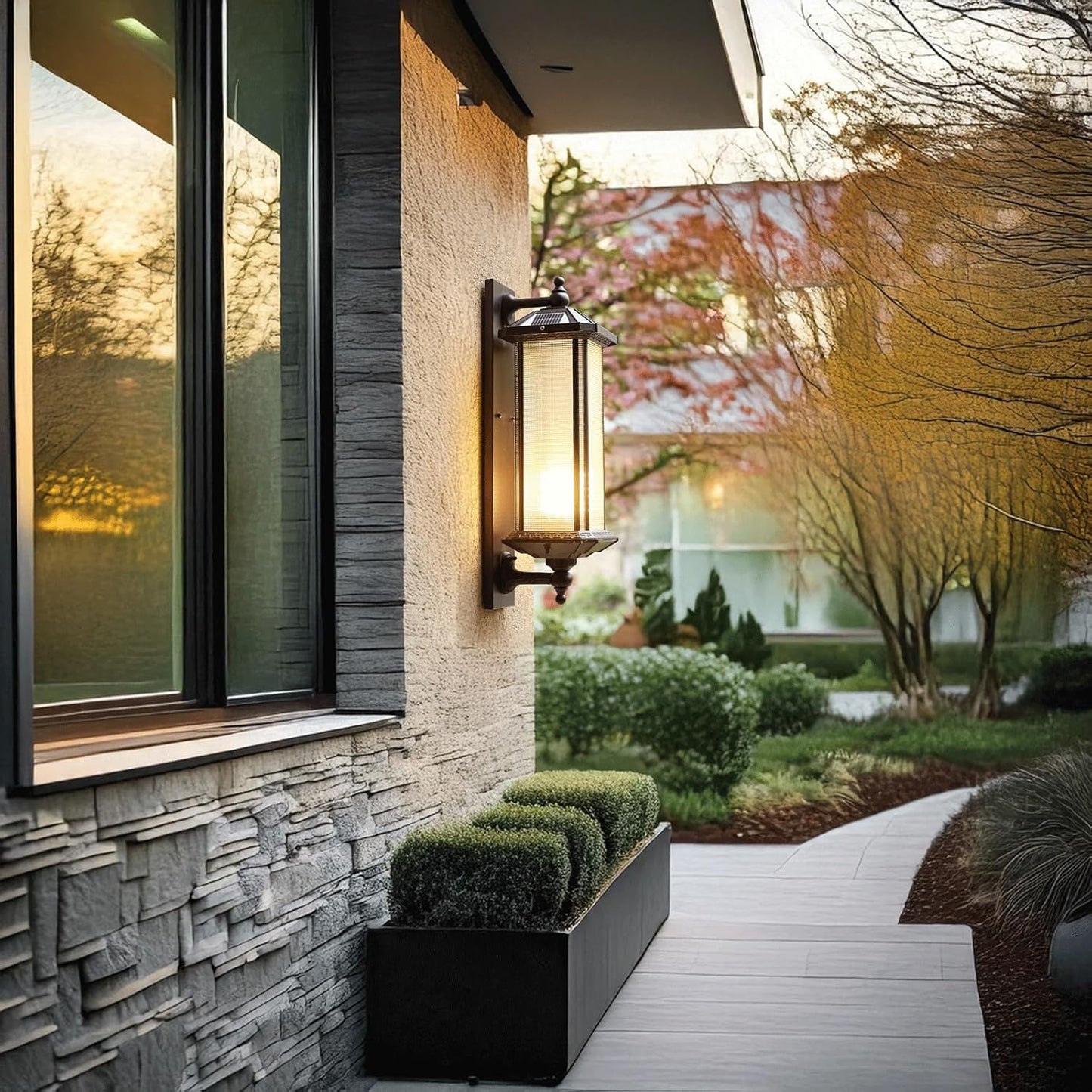 Solar Outdoor Wall Light Fixture, Dark Coffee Aluminum Wall Lamp with Glass Shade, E26 Exterior Wall Sconce, Waterproof Wireless Wall Mounted Lantern for Porch, Patio, Garden, Yard, Garage