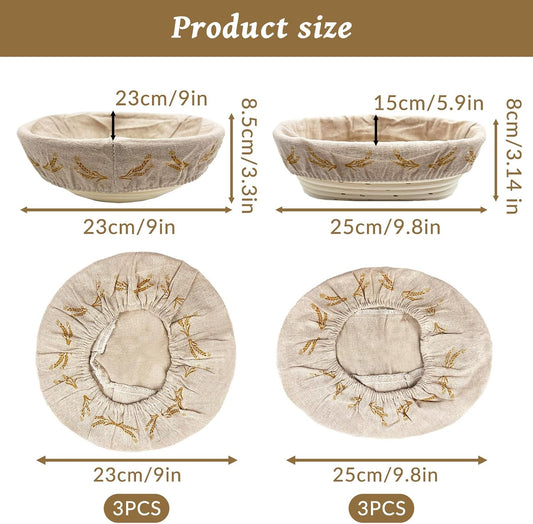 SNAIL GARDEN Bread Proofing Basket Cloth Liner - 3 Oval (10") & 3 Round (9"), Wheat Pattern Reusable Banneton Basket Liners, Linen Cotton Proofing Basket Covers for Bread Making