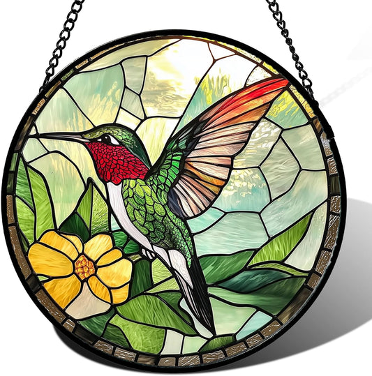Stained Glass Window Hanging, Green Hummingbird Sun Catcher for Door Home Decor, Birds Suncatcher Christmas Mother's Day Birthday Gifts for Bird Lovers Women Men Mom and Nana 7.8 in