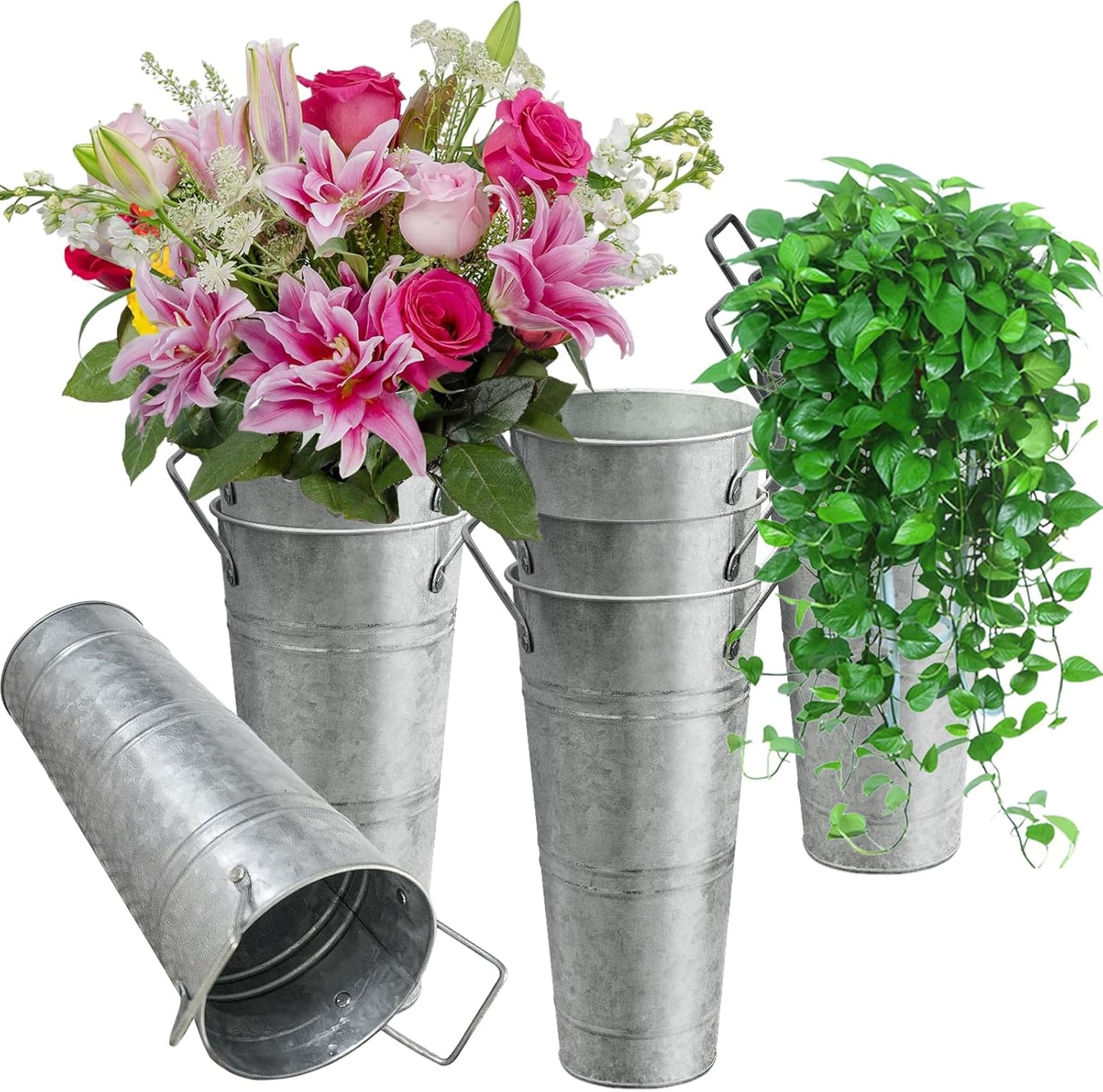 9 Inch White Metal Flower Buckets with Handles,8Pcs Tall Galvanized Va