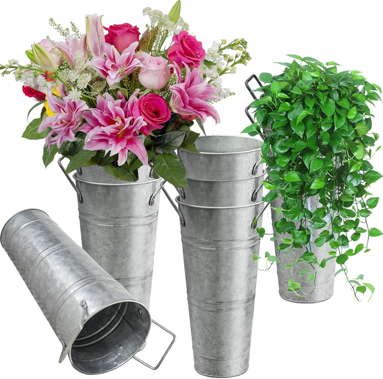 9 Inch White Metal Flower Buckets with Handles,8Pcs Tall Galvanized Va