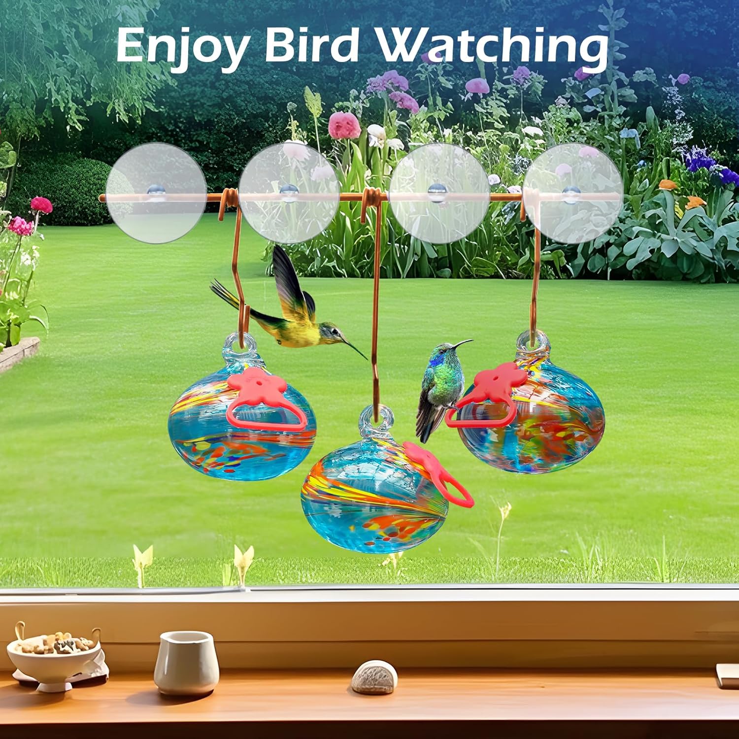 Window Hummingbird Feeder with Suction Cups,Hand-Blown Glass Hummingbi