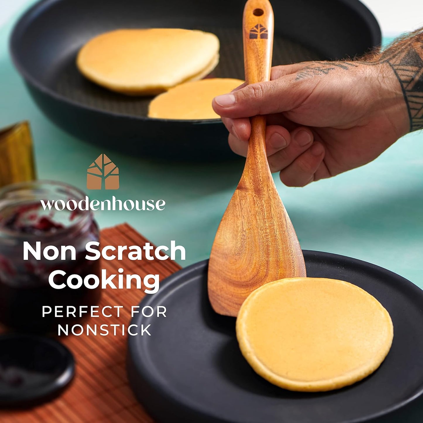 Wooden Utensil Set 8 Pcs – Sturdy & Easy to Clean, Natural Teak Wooden Spoons for Cooking – Non-Scratch Cooking Utensils with Spatula, Turner, Ladle, Spoons, Skimmer, Holder, Spoon Rest & 6 Hooks