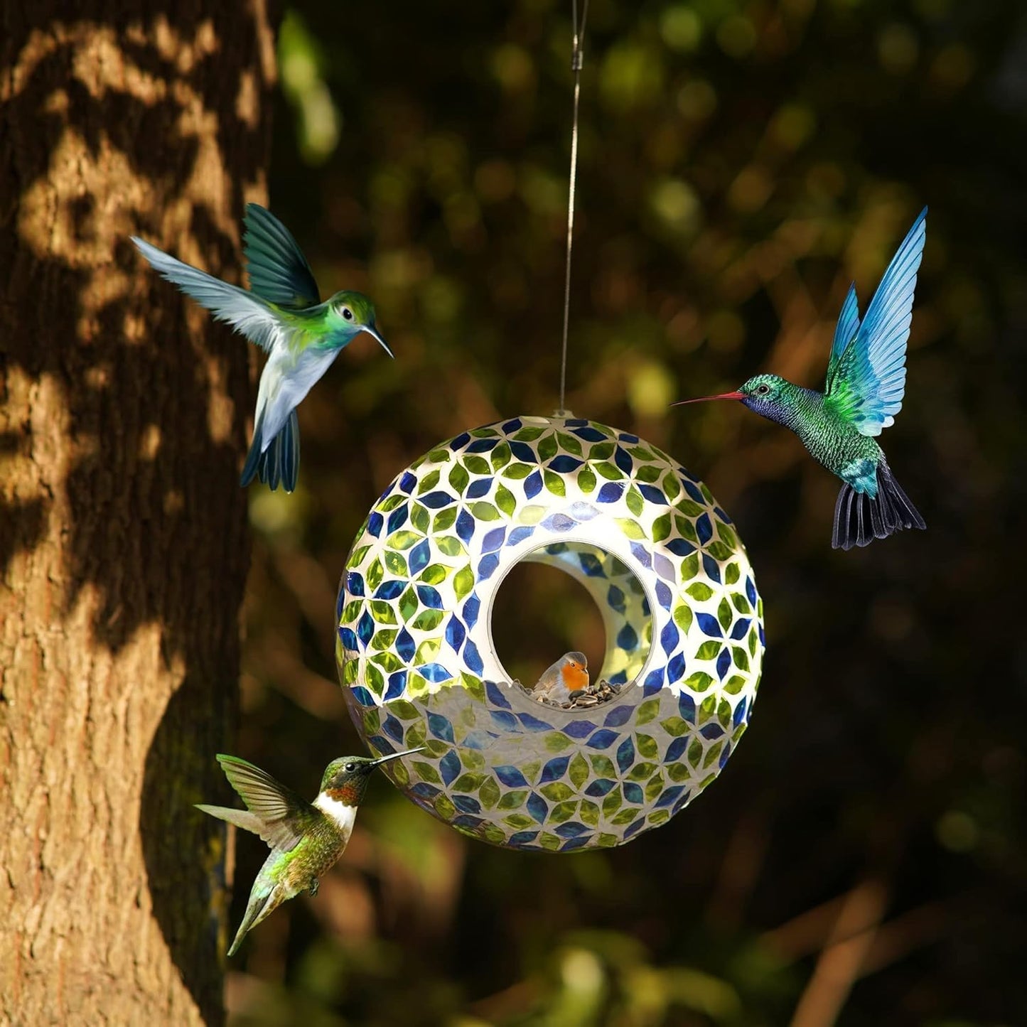9-Inch Wild Bird Feeder Fly Through Garden Hanging Bird Feeder-Mosaic Round Shape Wild Birdfeeder for Outdoor Decoration, Blue and Green Flower