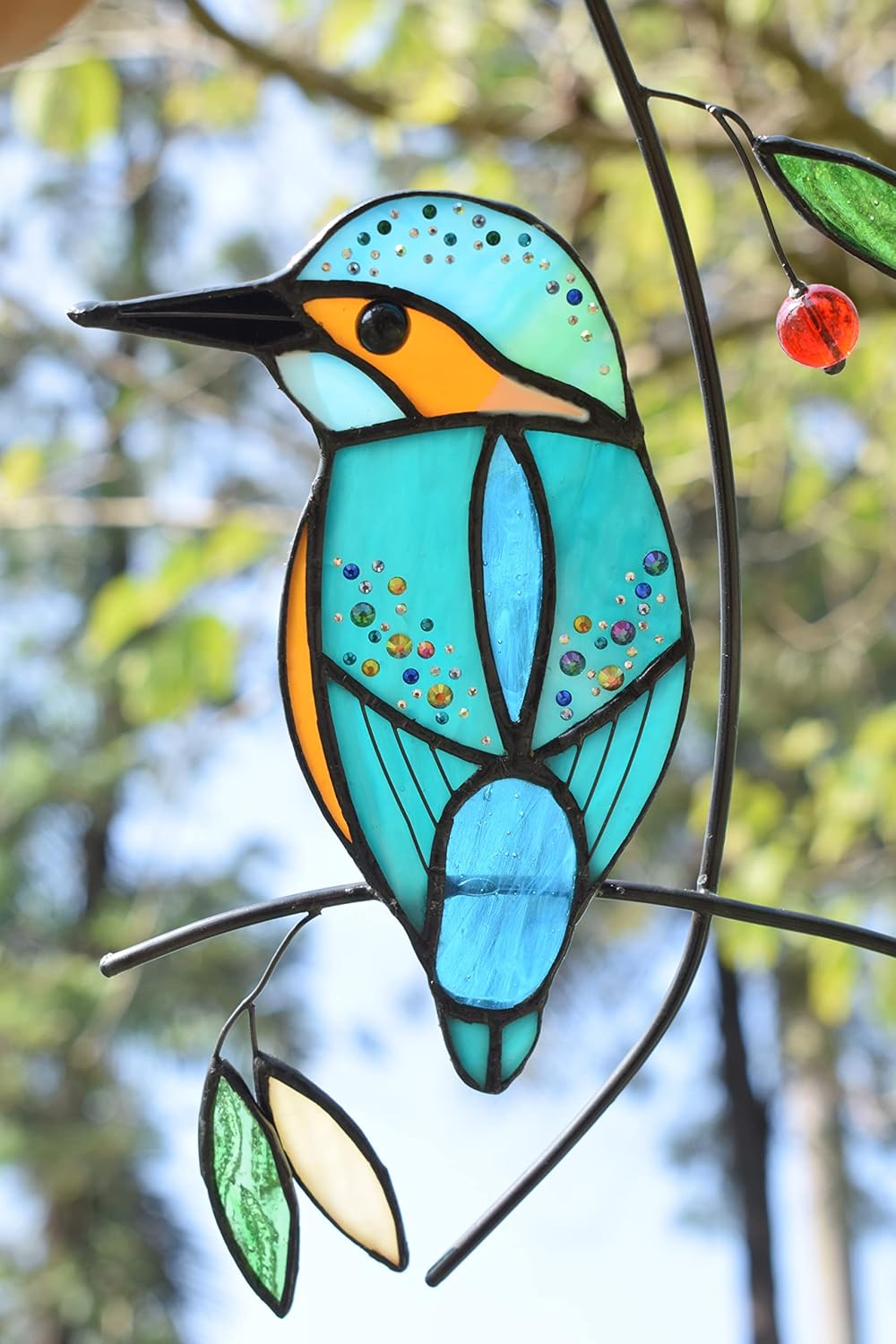 Lolitarcrafts Kingfisher Stained Glass Window Hangings Bluebird on Branch Suncatchers for Window Modern Birds Decor (Blue with Rhinestone)