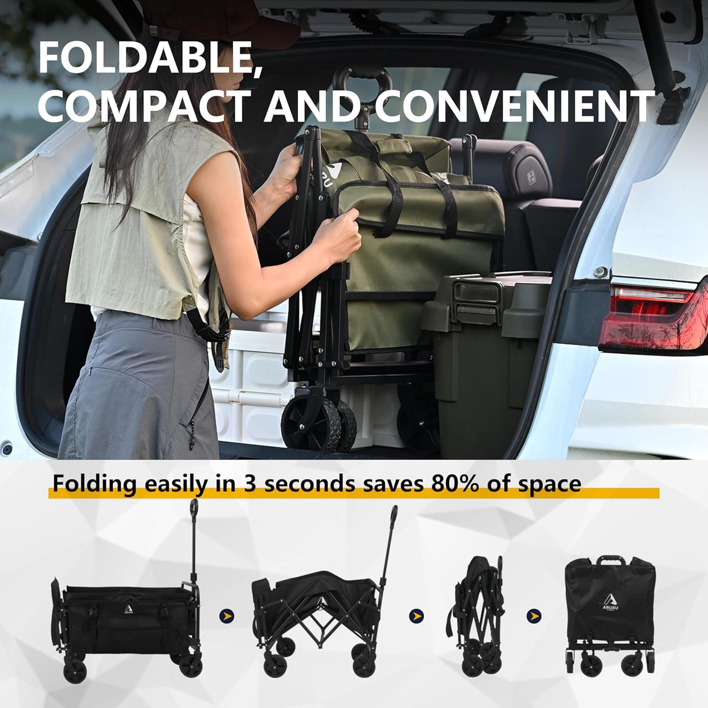 Collapsible Wagon Cart with Tailgate, 330LBS Heavy Duty Utility Folding Beach Wagons with All-Terrain Wheels, Cup Holders, Portable＆Foldable for Grocery Sports Garden Shopping Camping Pets