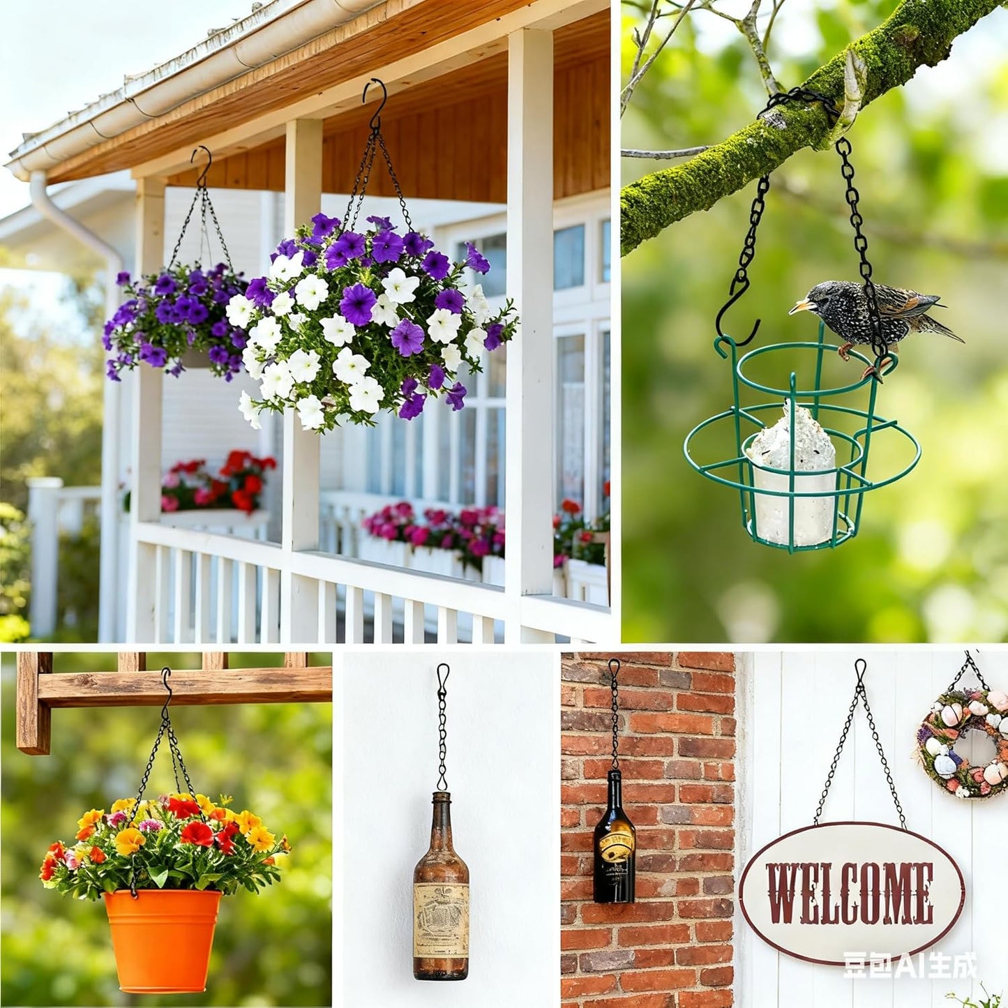 Black Hanging Plant Chains Kit, 20-Inch Adjustable Plant Hangers with Hooks and Clip for Hanging Baskets, Bird Feeders, Wind Chimes, Planters and Porch Signs 8Pack