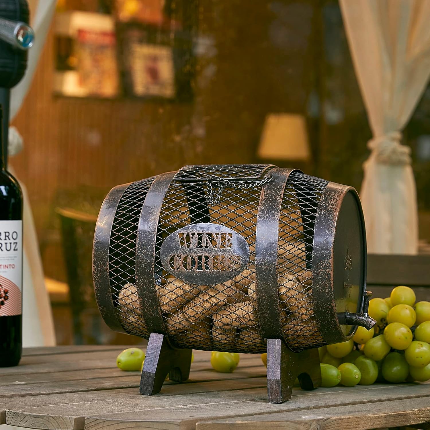 Rustic Metal Large Barrel Wine Cork Holder Display On Wooden Stand, Co