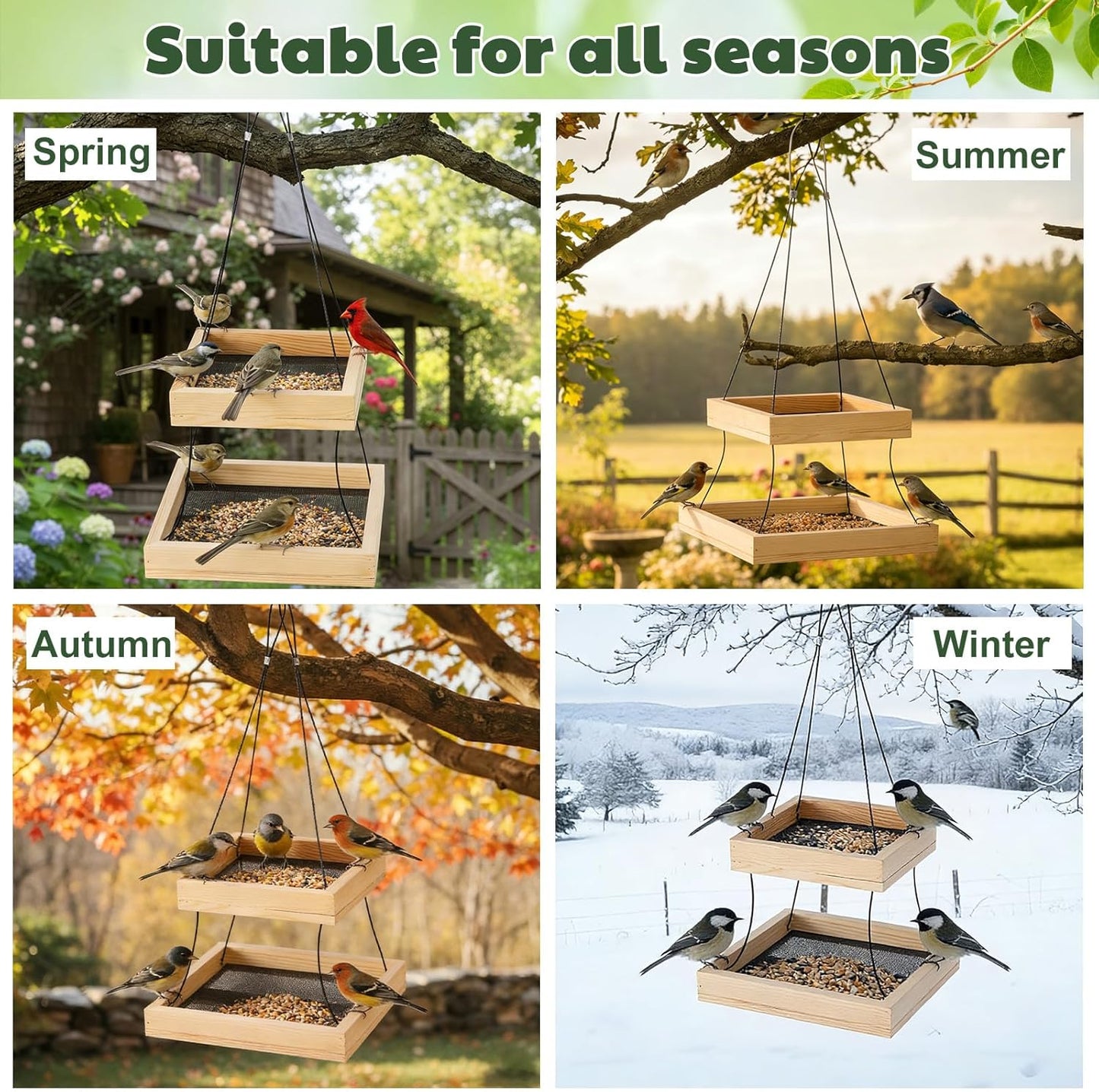 2 Pack 2 Tier Large Platform Bird Feeders for Outdoors, 10 Lbs Capacity in Total, Natural Wood Hanging Tray Bird Feeders for Garden Yard Outside Decoration Attracting for Wild Birds