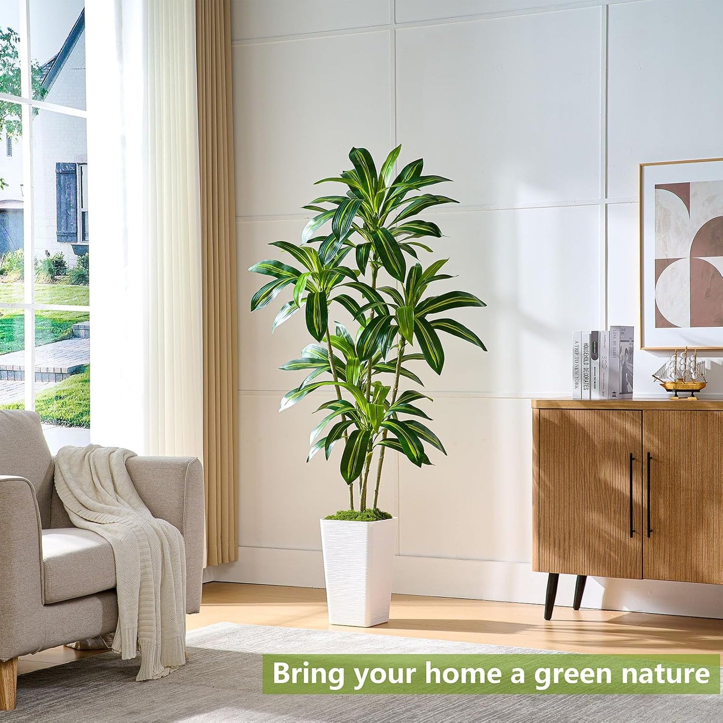 Artificial Dracaena Tree, 6FT Artificial Plants Indoor with White Tall Planter, Faux Yucca Silk Tree Fake Tropical Floor Plant in Pot, Fake Plants for Home House Room Office Entryway Porch Decor