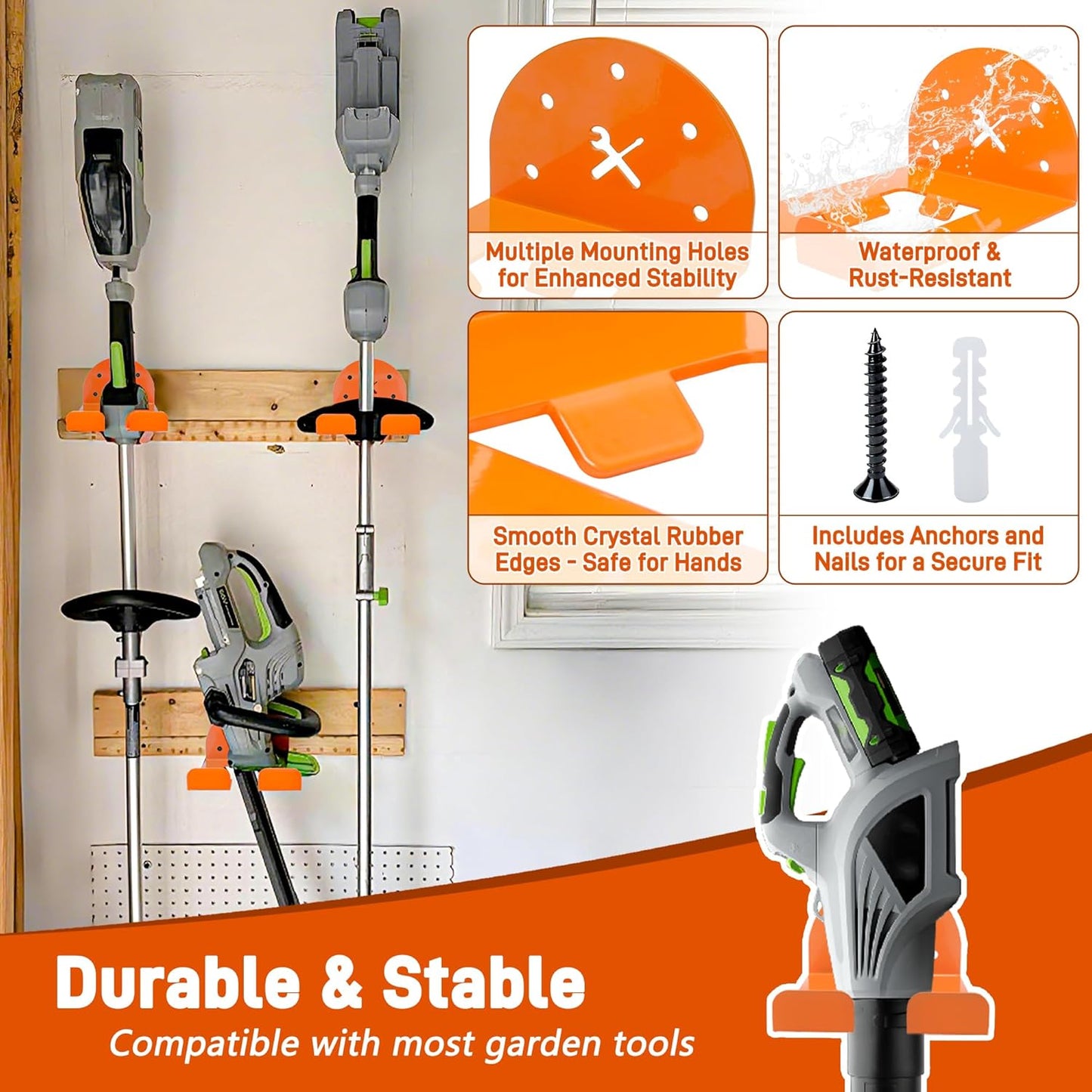 Garage Organizer Trimmer Rack, 2 Pack Weed Eater Hanger for Wall, Tool Hanger Weed Whackers Holder Wall Mounted for Grass Trimmer, Hedge Trimmer, Garage Trimmer, Garden Tools, Orange
