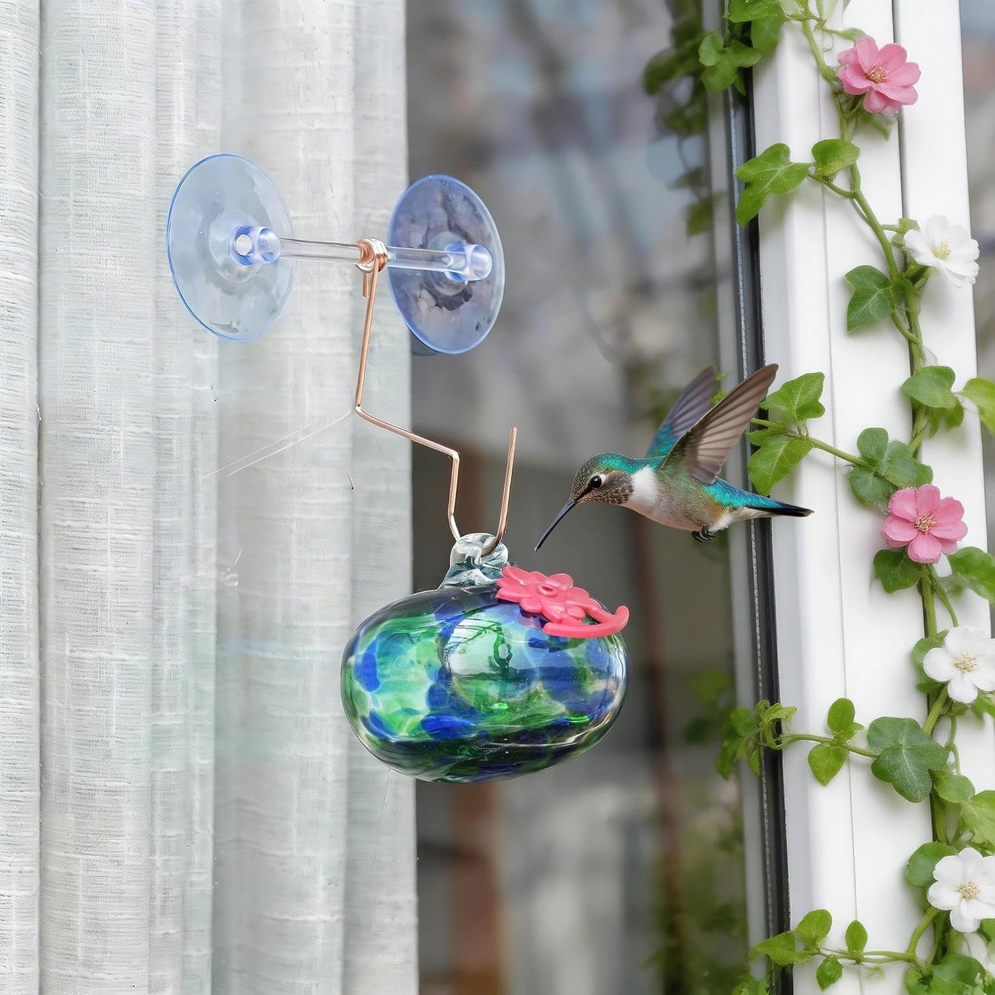 QFkris Blown Glass Hummingbird Feeder with Suction Cups for Window, Small Hummingbird Feeder with Flower Feeding Ports for Outside Garden Backyard Decor, Gifts for Women Mom(Green)