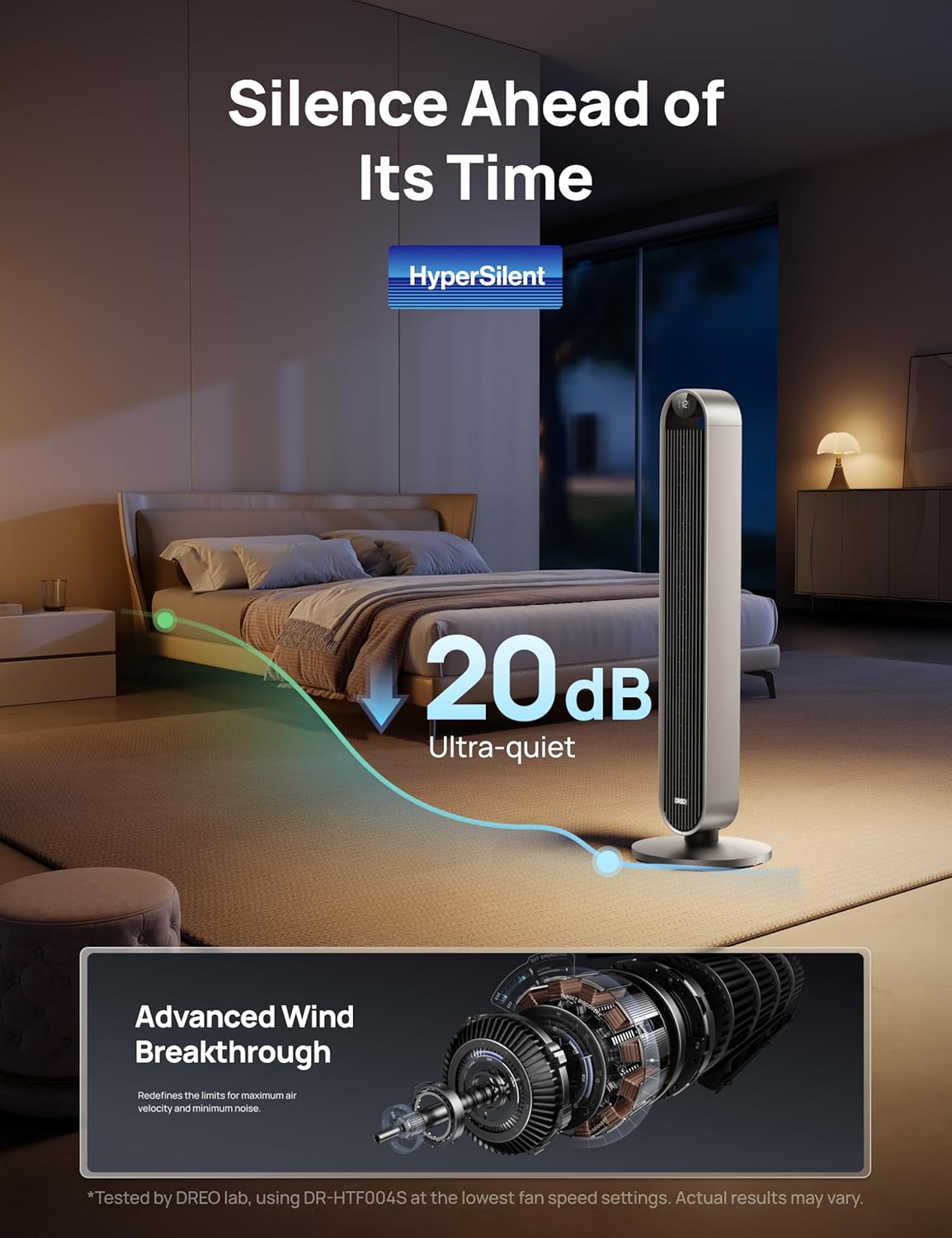 DREO Tower Fan for Bedroom, 42 Inch 120° Oscillating Fan, 20dB Quiet DC Motor, 28ft/s Velocity Bladeless Standing Fan with 12 Speeds, 4 Modes, 12H Timer Cooling Fans for Home, Living Room