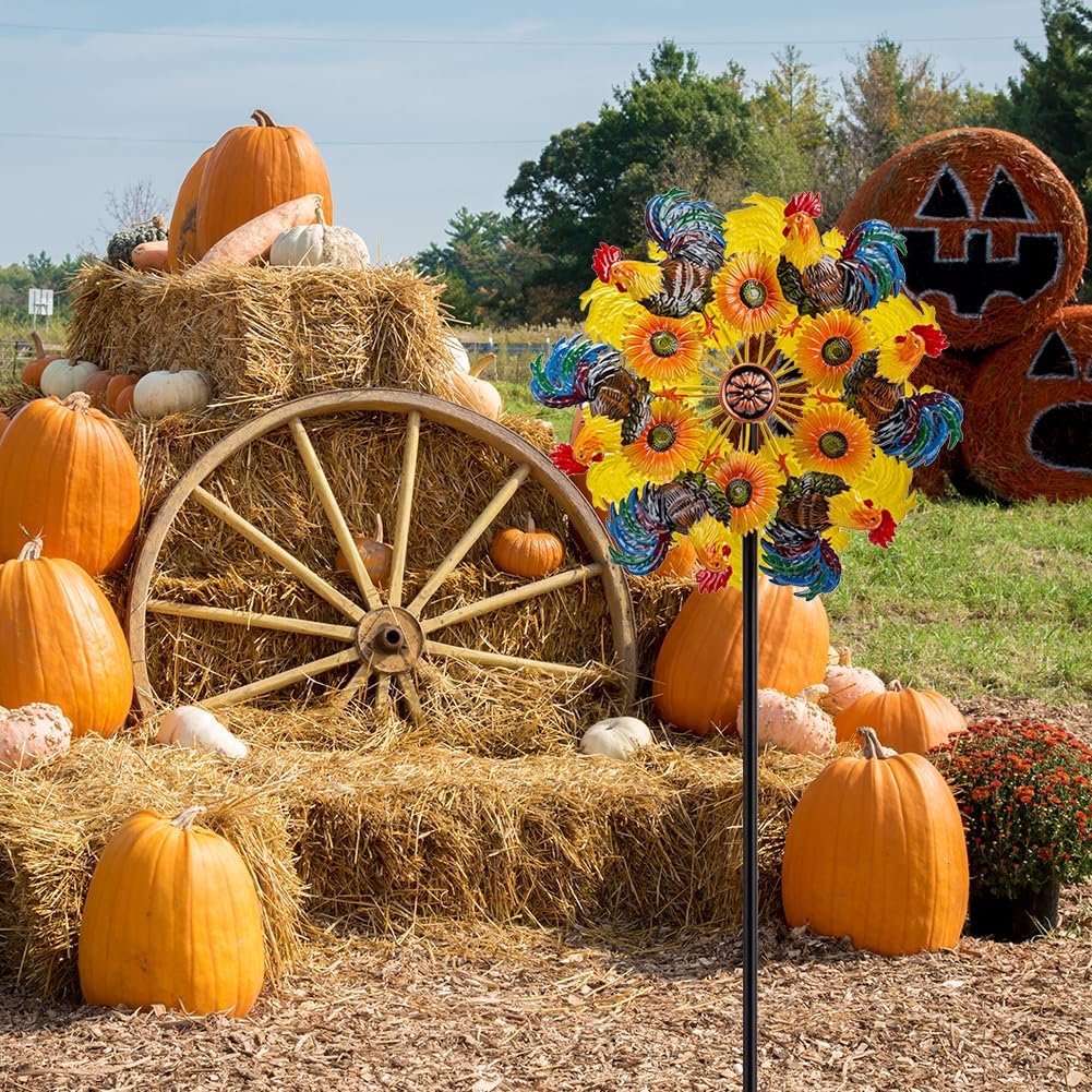 DREAMYSOUL Metal Sunflower and Rooster Fall Wind Spinners, Fall Decorations Outdoor, Kinetic Wind Spinners for Farmhouse Garden Lawn Yard Decor, Harvest Thanksgiving Gifts