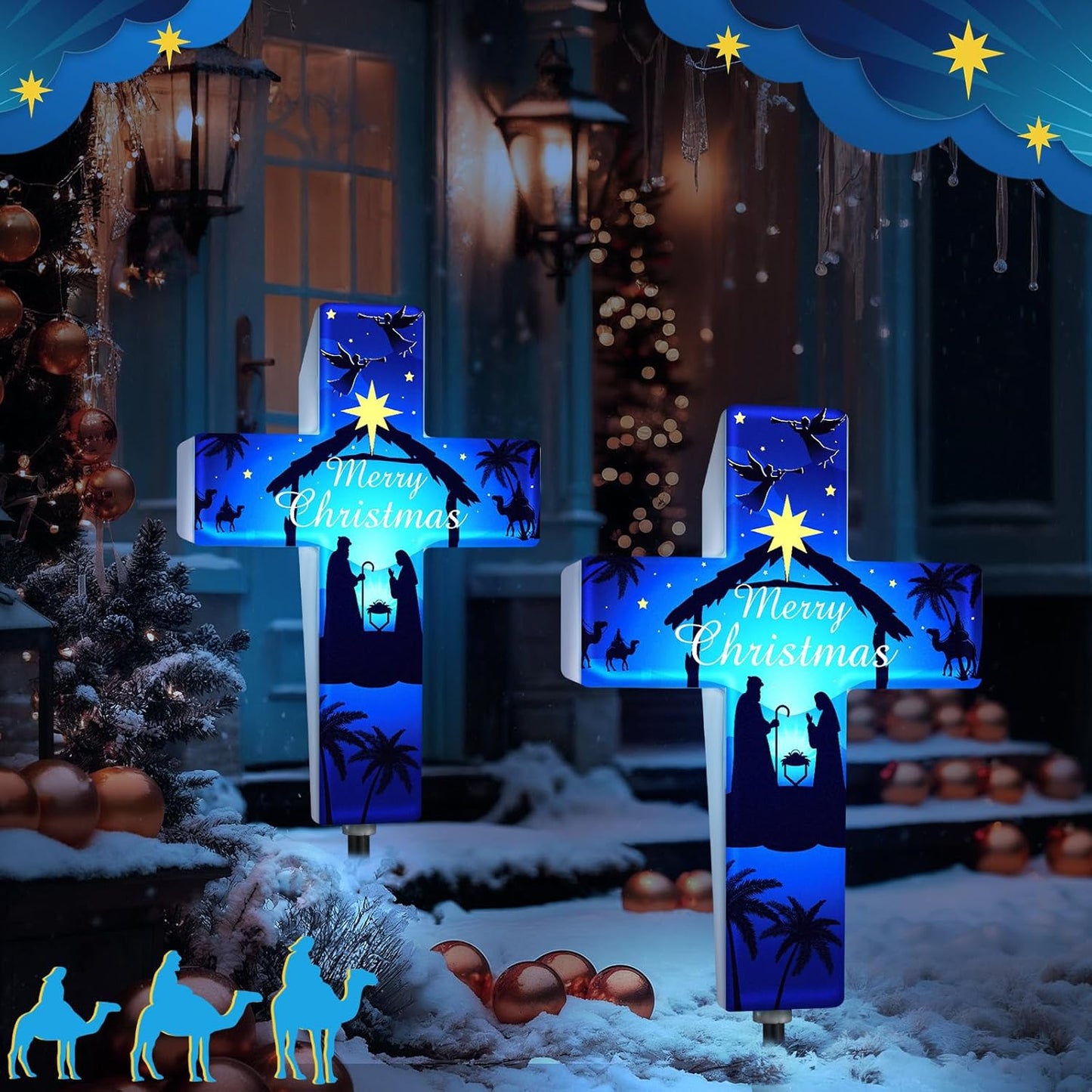 Yousoontic Outdoor Nativity Scene Solar Lighted Religious Christmas Garden Stake Nativity Scene Yard Decorations Solar Light up Holy Night Cross Stake Decor for Christmas Outside Patio Yard(Classic)