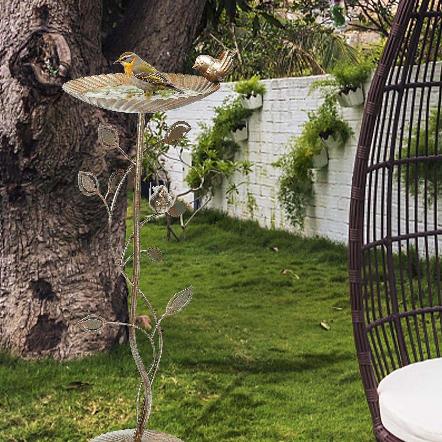 MUMTOP Bird Baths for Outdoors-Metal Bird Bath Bowl - Golden Birdbaths Stand with Leaf and Bird Decor, Bird Feeders for Outside, Garden, Patio, Lawn, Outdoor Decor