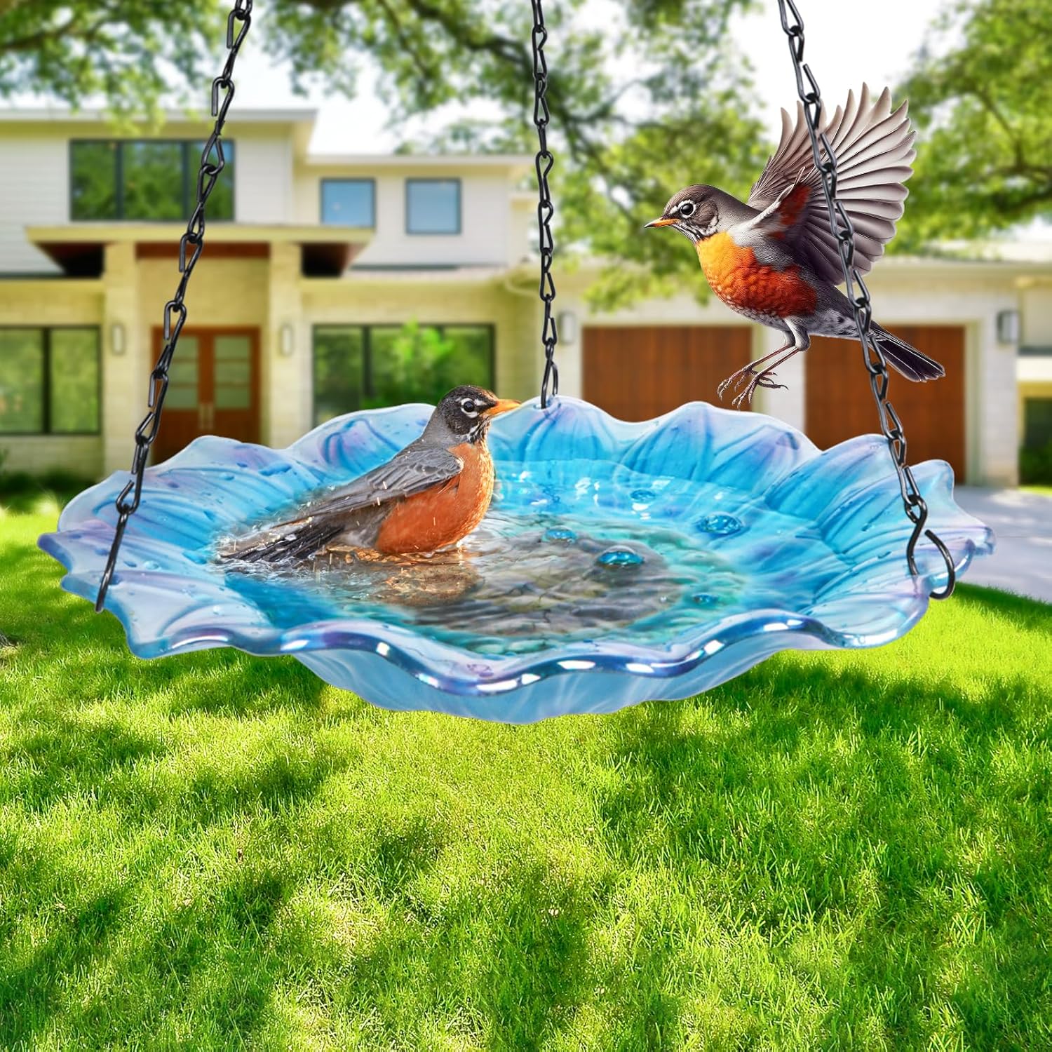 VCUTEKA Bird Bath, Glass Hanging Bird Baths for Outdoors Birdfeeder wi