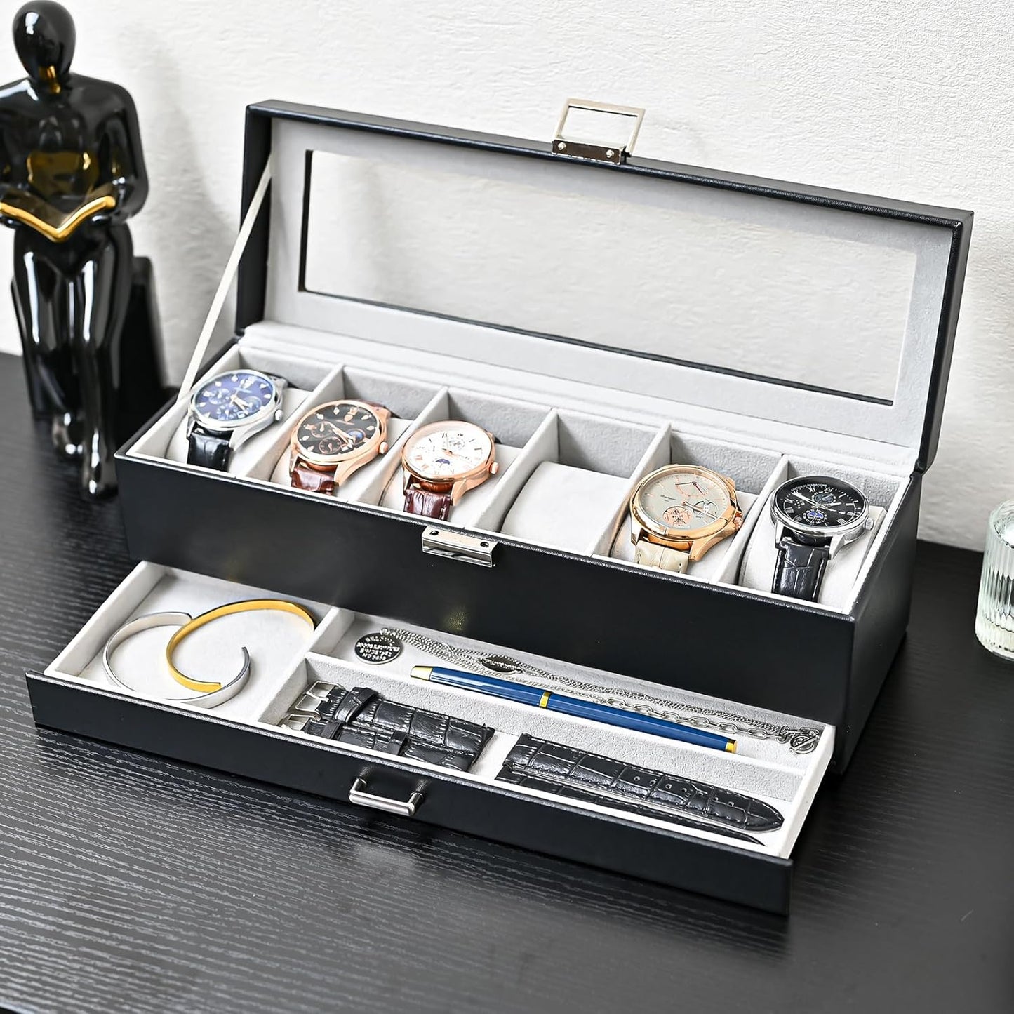 ProCase Watch Box, 6 Slot Watches Display Case with Drawer, Mens Watch