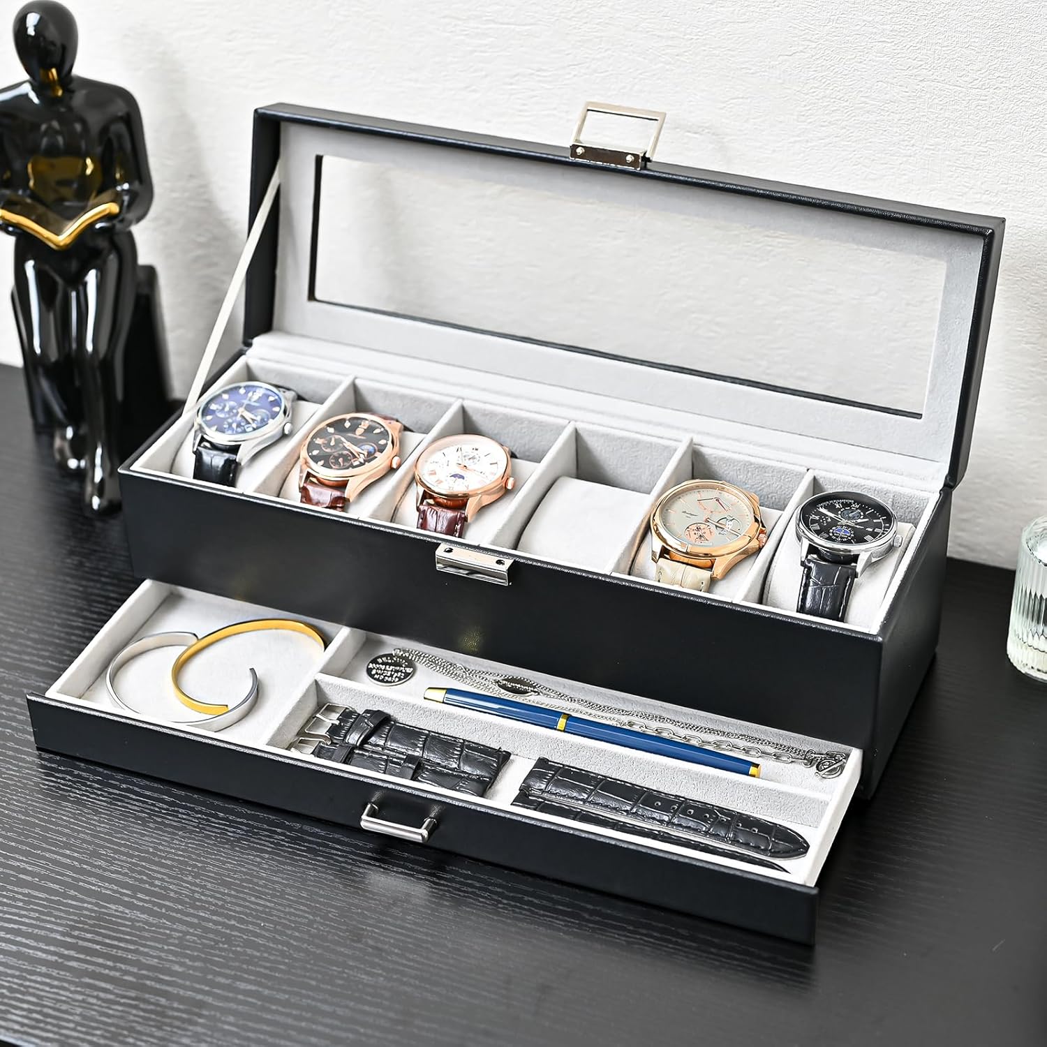 ProCase Watch Box, 6 Slot Watches Display Case with Drawer, Mens Watch