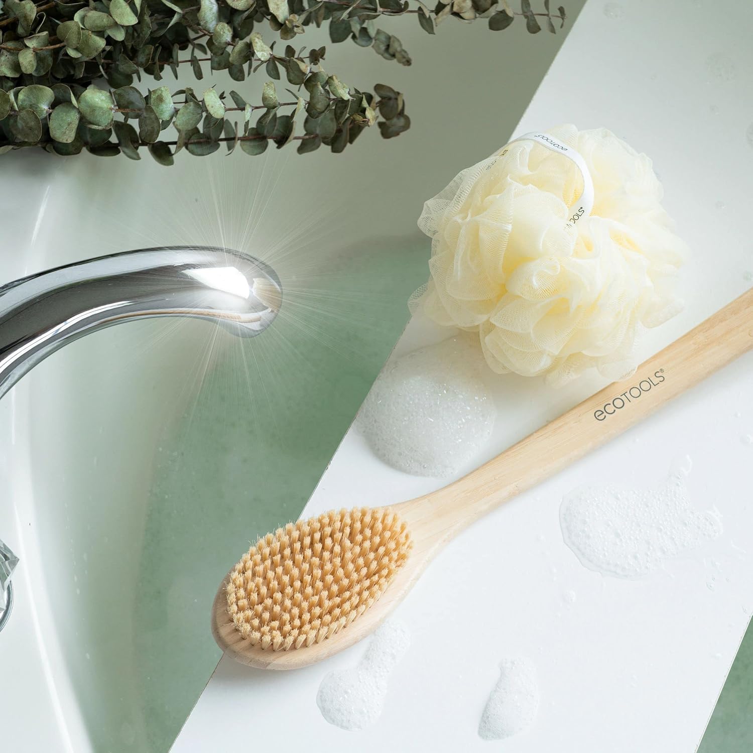 EcoTools Bath Bristle Brush, Bath Brush with Long Handle, Cleanse Back