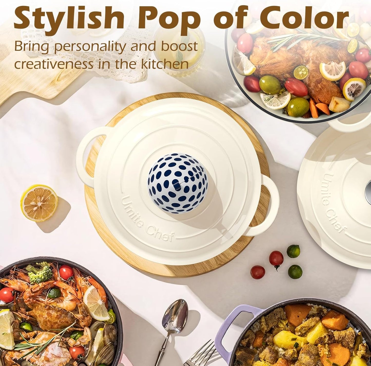 Enameled Cast Iron Dutch Oven - Umite Chef 5QT Pot with Lid & Cotton P