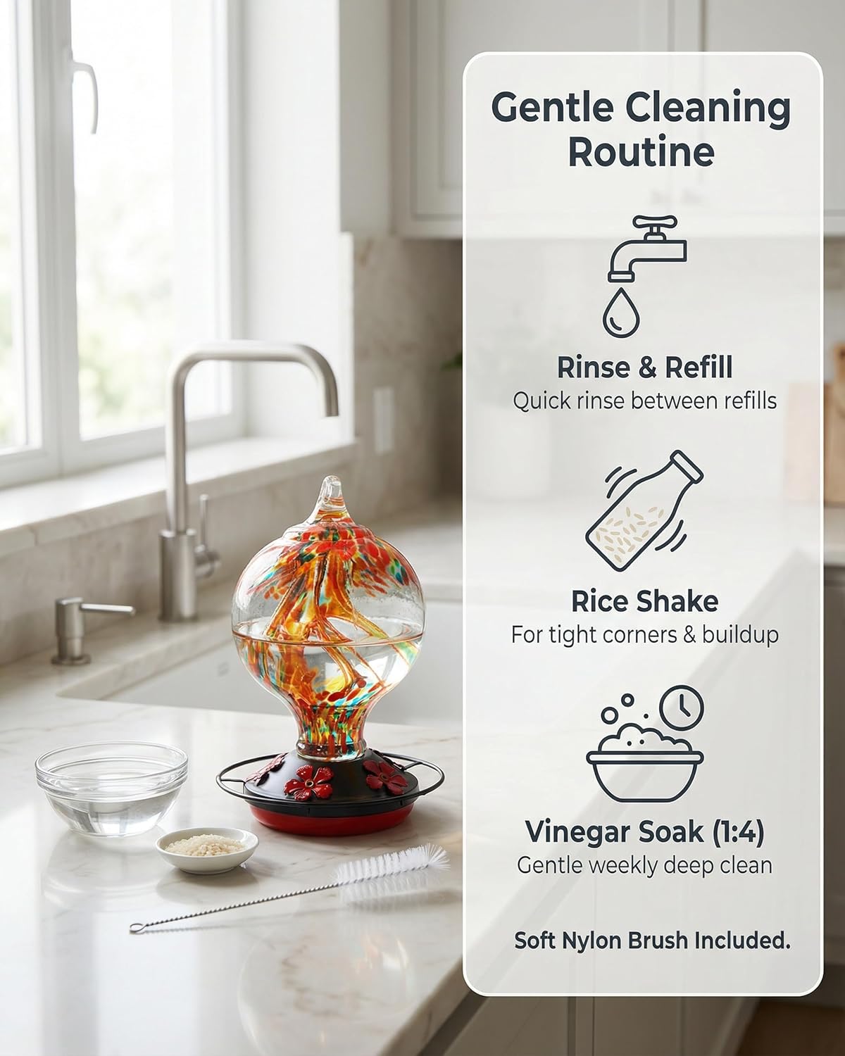 Hummingbird Feeder for Outdoors Hanging, 34 Oz, Hand Blown Gift Inner Glass Décor for Garden, Ant Moat & Bee-Resistant Ports, Decoration Stained Humming Bird Feeders, Sunset Red