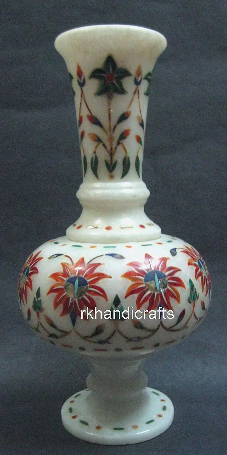 8 Inches Floral Pattern Inlay Work Flower Pot for Garden Area Decor Wh