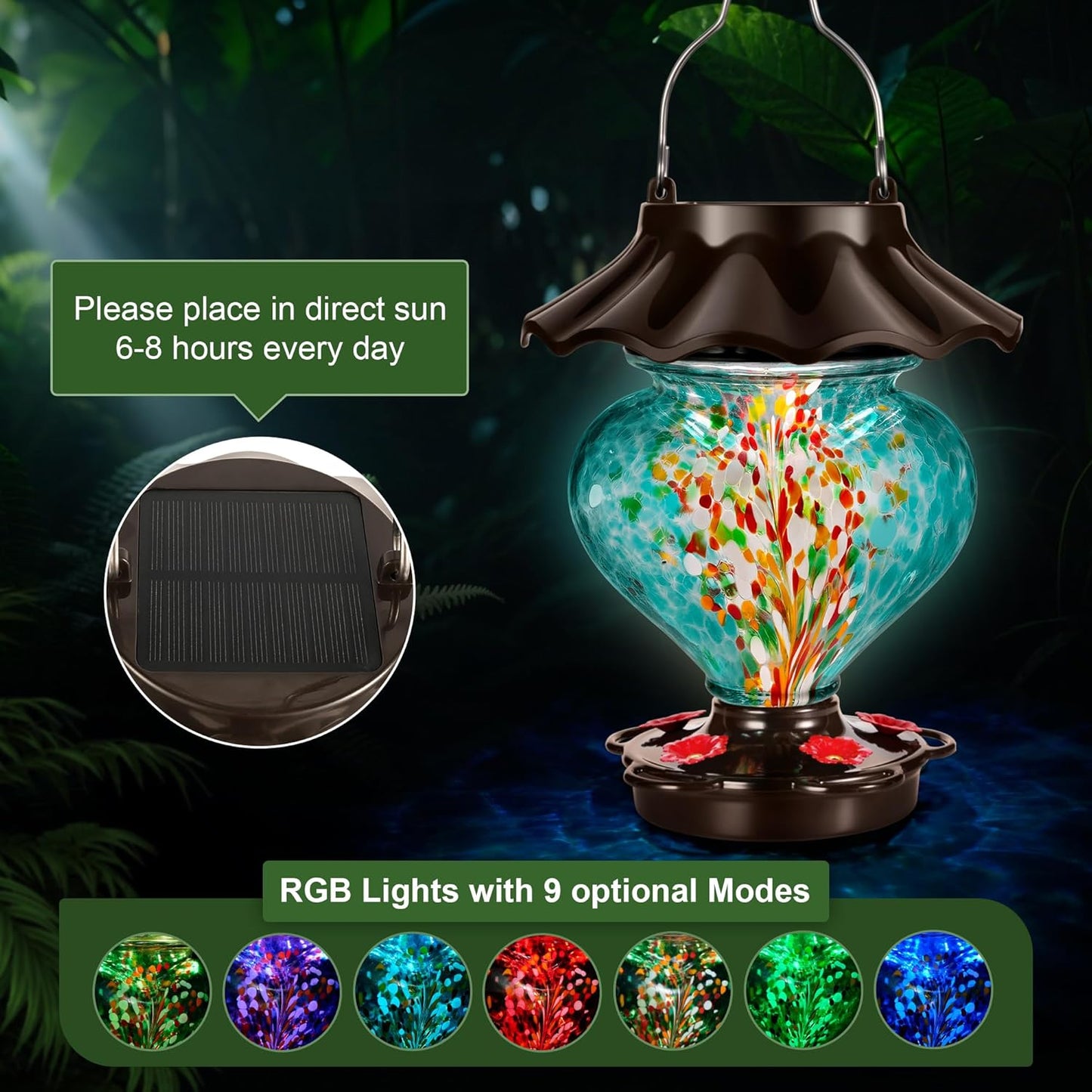 Solar Hummingbird Feeder for Outdoors Hanging, 33oz Heart-Shaped Hand-Blown Glass, Leak-Proof & Rustproof, LED Lighted Garden Decoration, Includes 2 Hooks (Teal)