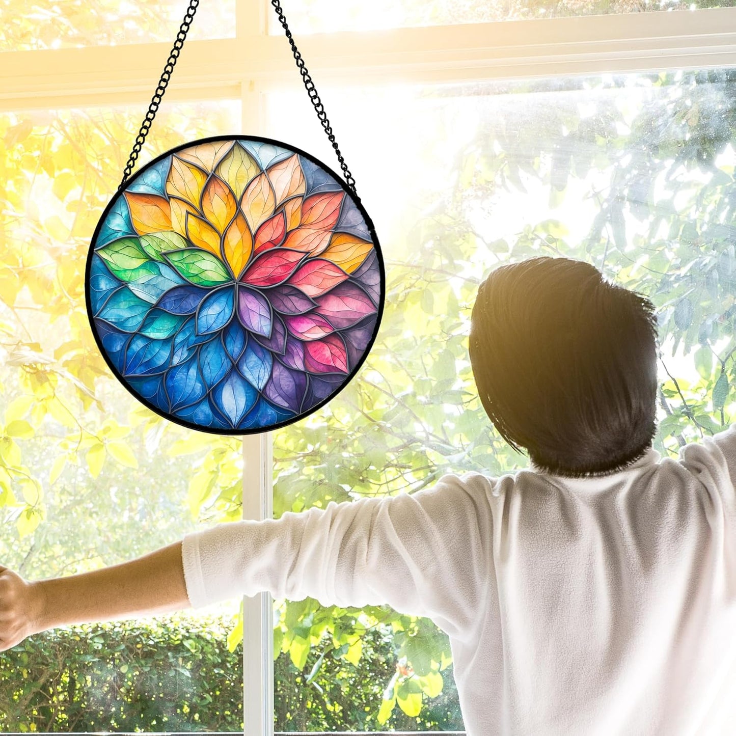 Stained Glass Window Hanging, Colorful Flower Petals Sun Catchers Diam