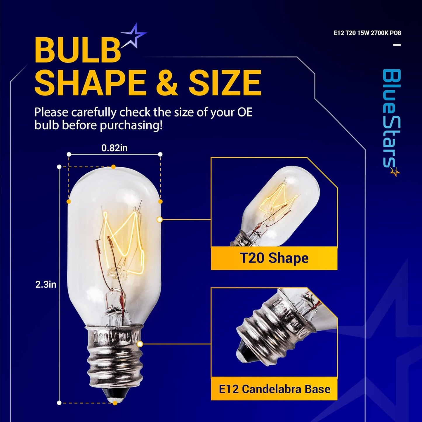BlueStars E12 T20 Salt Lamp Bulb 120V 15W, 2700K Warm White, E12 Candelabra Base for Himalayan Salt Rock Lamps & Baskets, Scentsy Plug-in Wax Warmers, Night Lights - Pack of 8